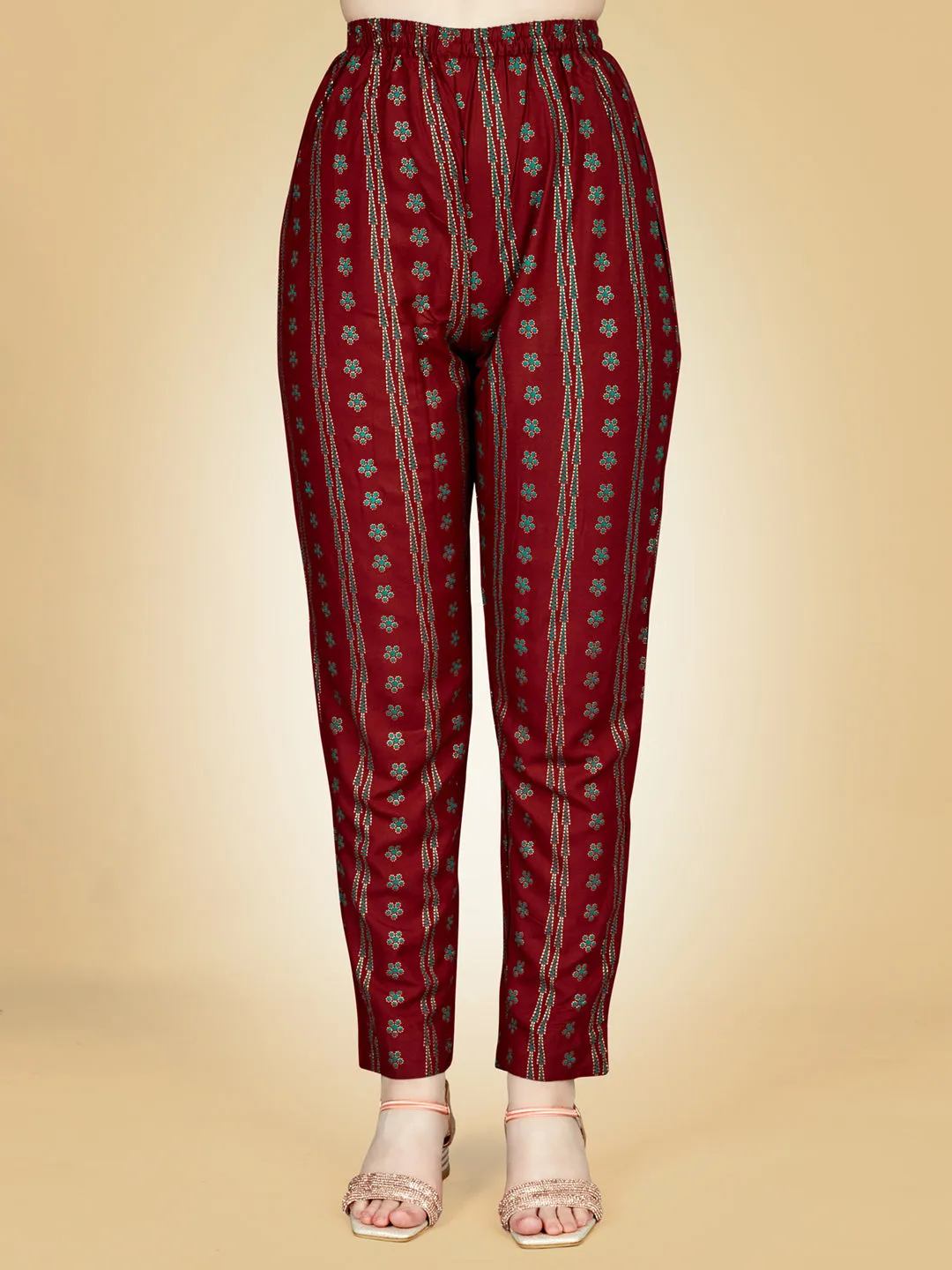 Maroon Heavy Rayon Cotton with Embroidery Work Kurti Set