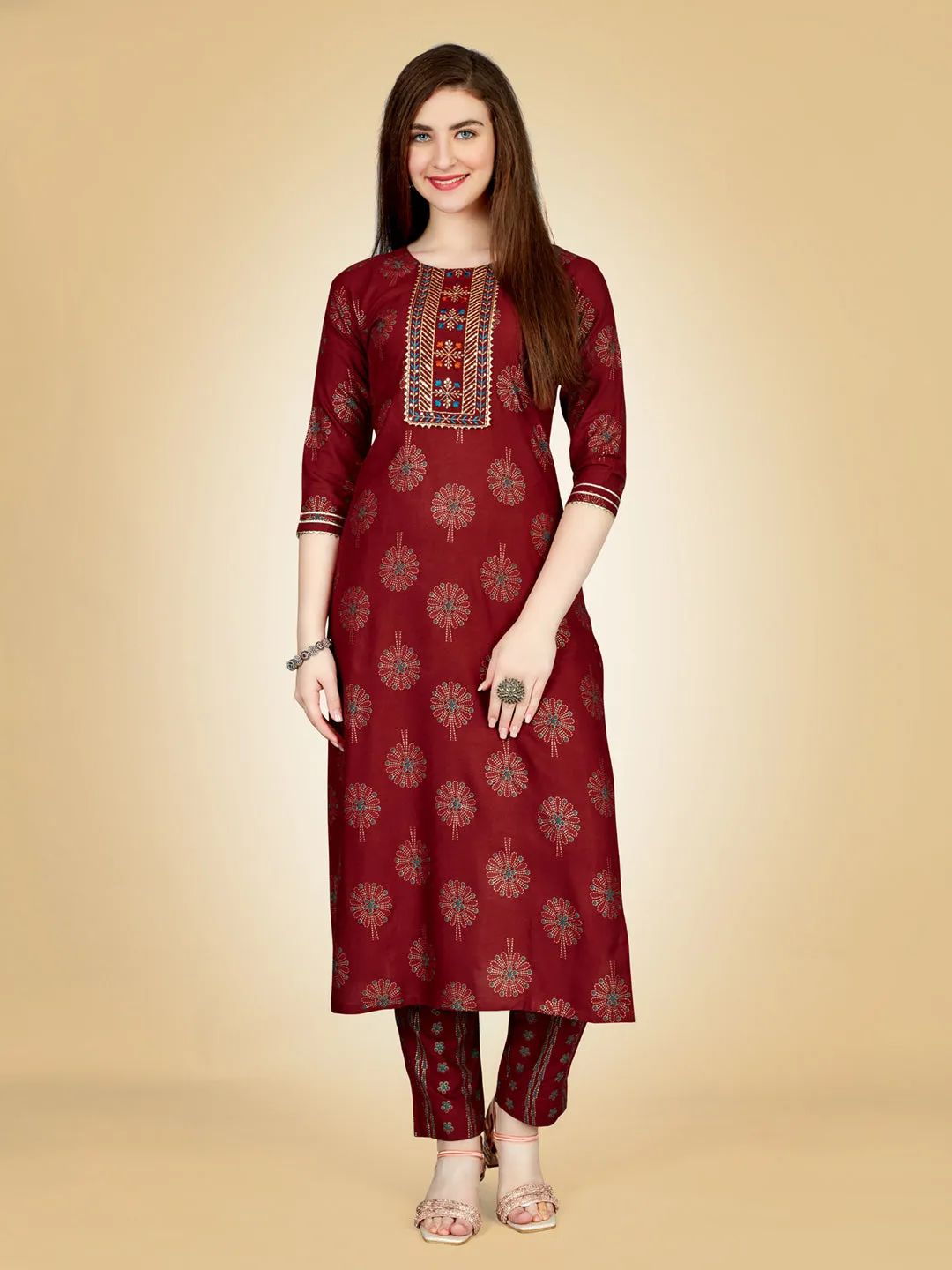 Maroon Heavy Rayon Cotton with Embroidery Work Kurti Set