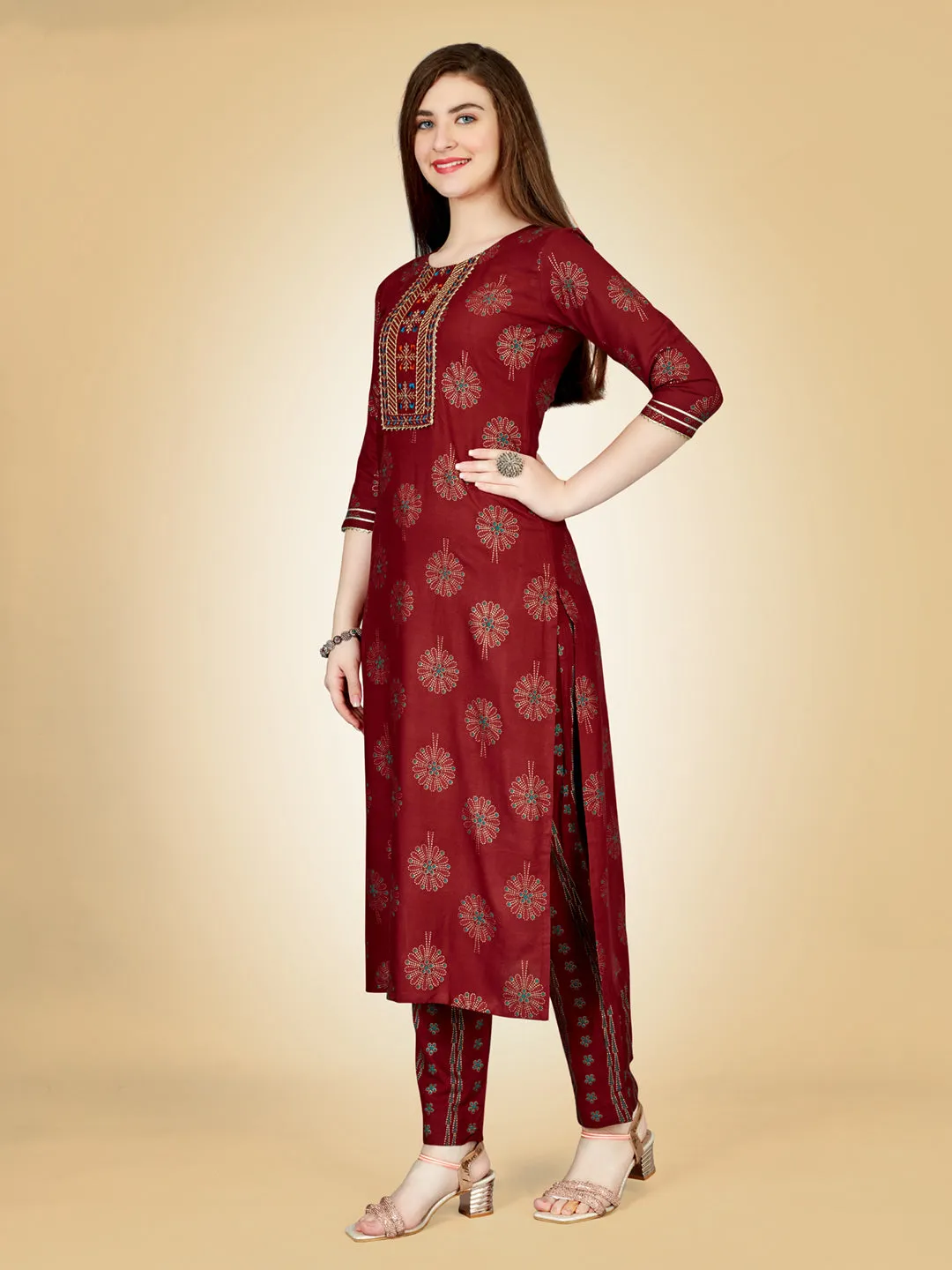 Maroon Heavy Rayon Cotton with Embroidery Work Kurti Set