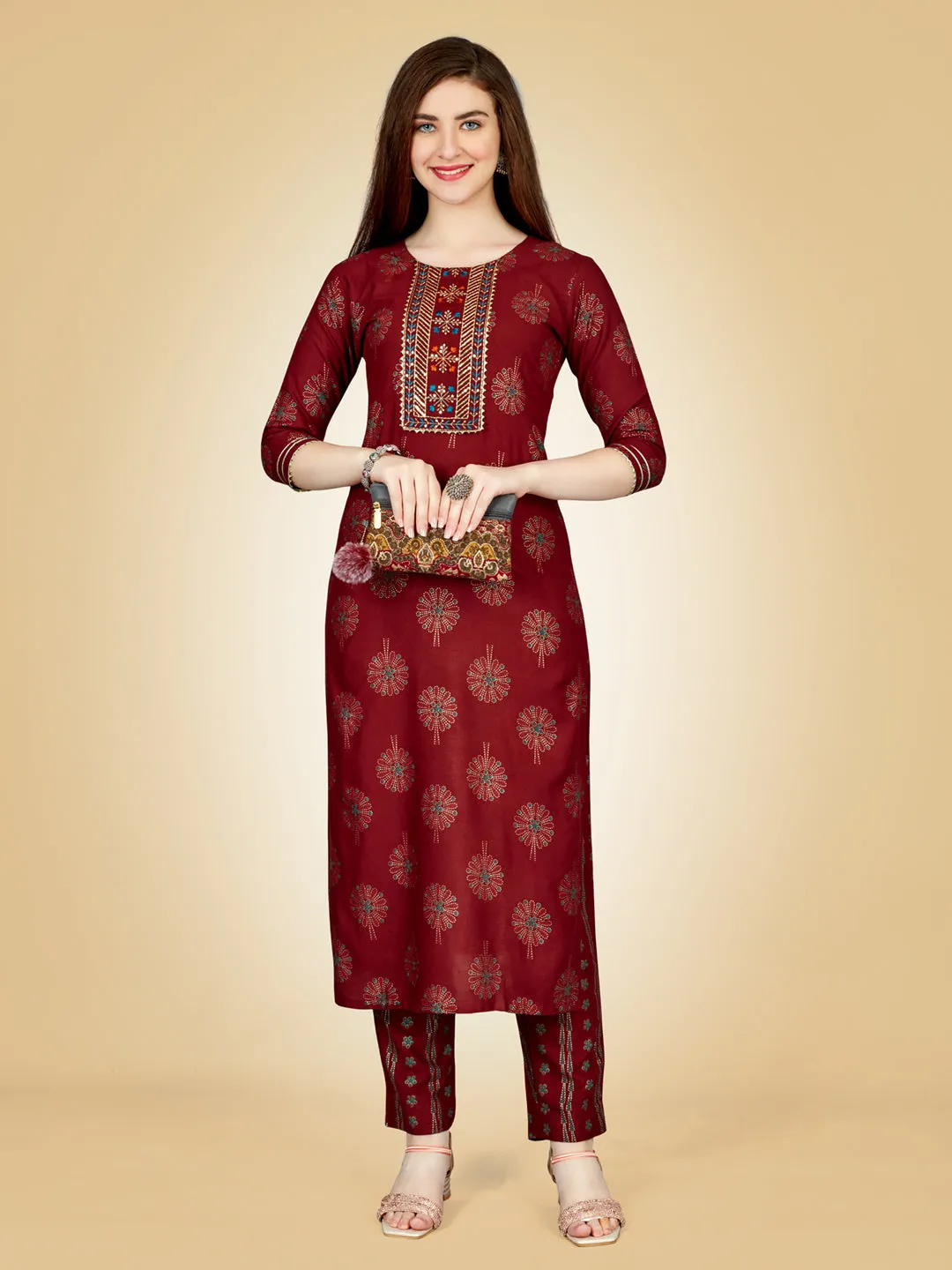 Maroon Heavy Rayon Cotton with Embroidery Work Kurti Set