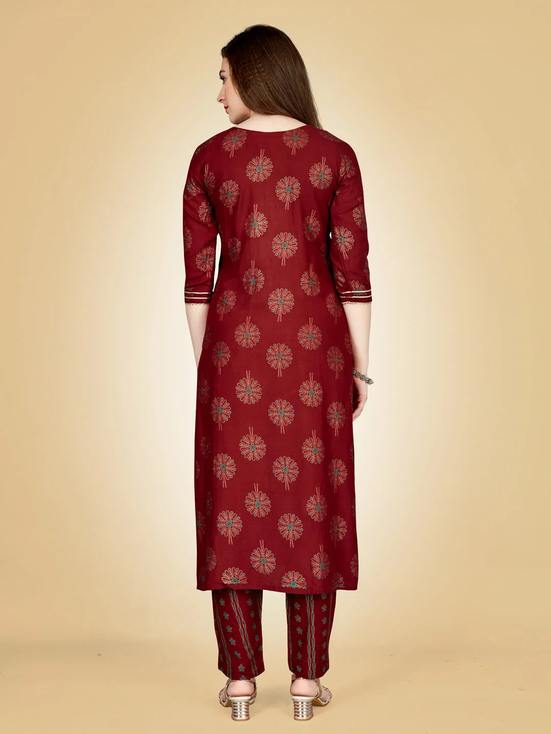Maroon Heavy Rayon Cotton with Embroidery Work Kurti Set
