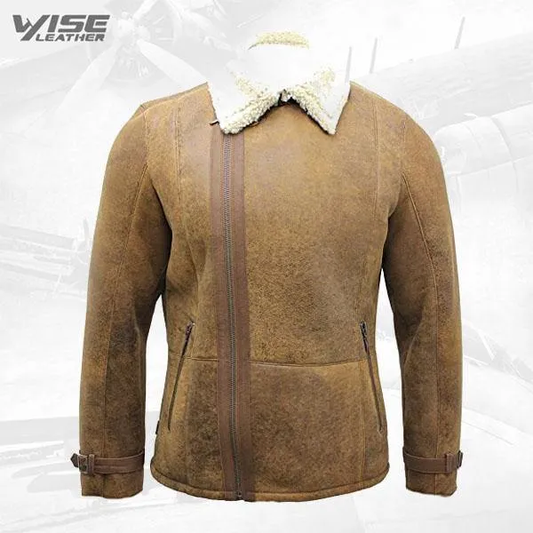 Men's Tan Double-Breasted Genuine Sheepskin Leather Biker Jacket