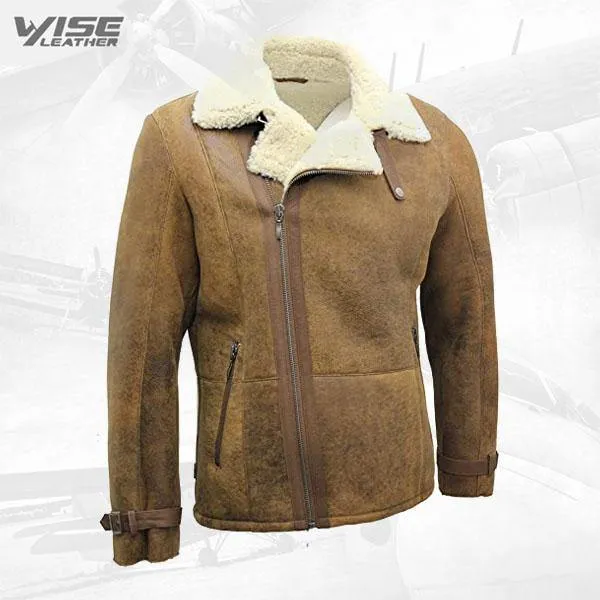 Men's Tan Double-Breasted Genuine Sheepskin Leather Biker Jacket