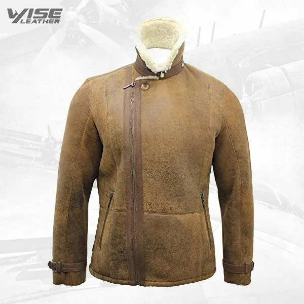Men's Tan Double-Breasted Genuine Sheepskin Leather Biker Jacket