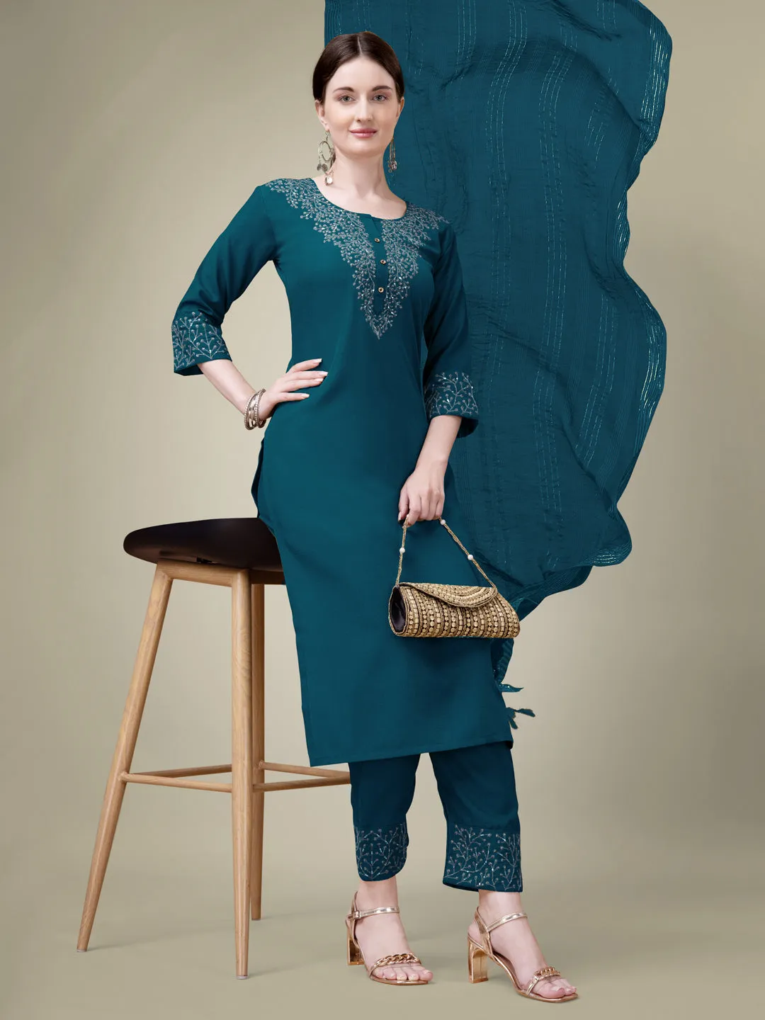 Morpichh Rayon Print with Embroidery & Sequence Work Kurti Set