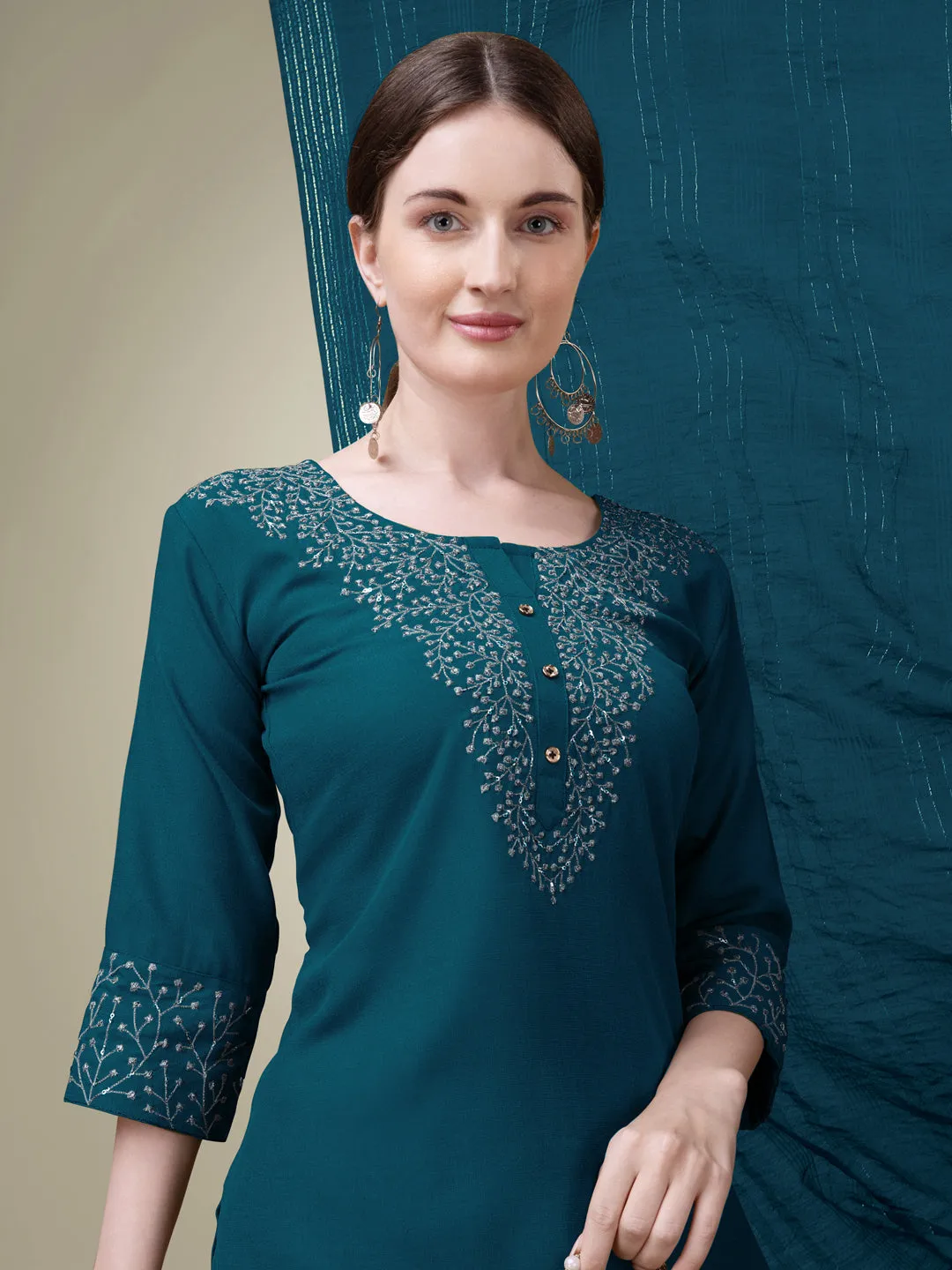 Morpichh Rayon Print with Embroidery & Sequence Work Kurti Set