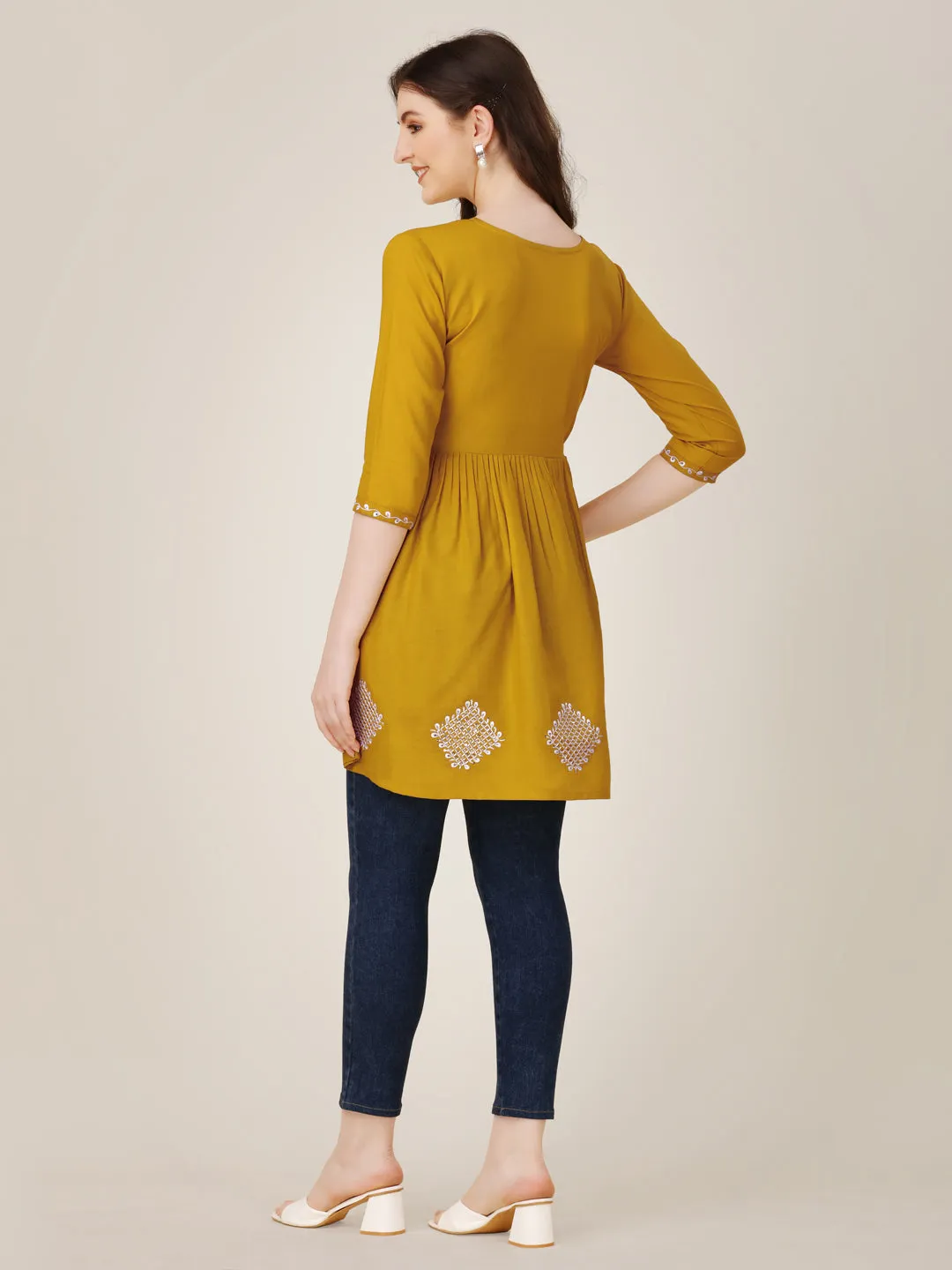 Mustard Heavy Rayon with Embroidery & Sequence Work Western Top Kurti