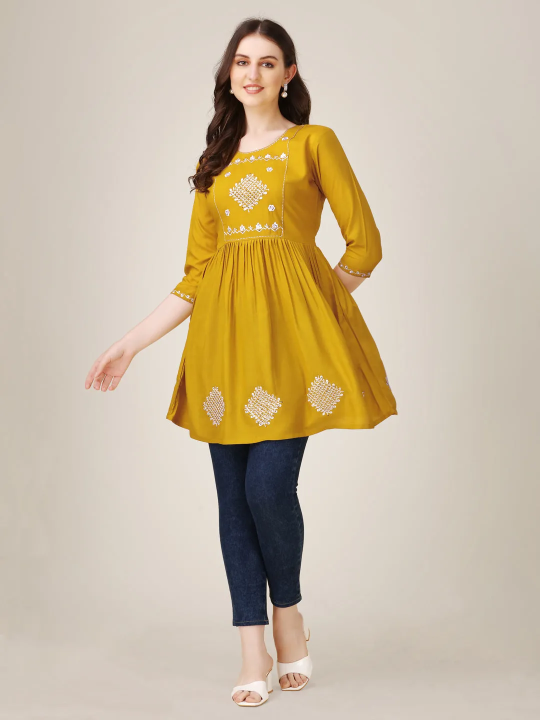 Mustard Heavy Rayon with Embroidery & Sequence Work Western Top Kurti