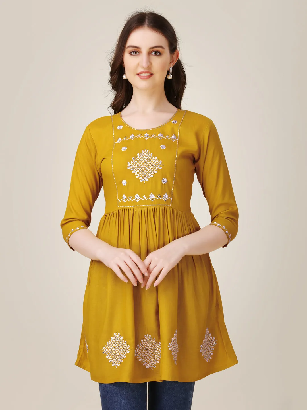 Mustard Heavy Rayon with Embroidery & Sequence Work Western Top Kurti