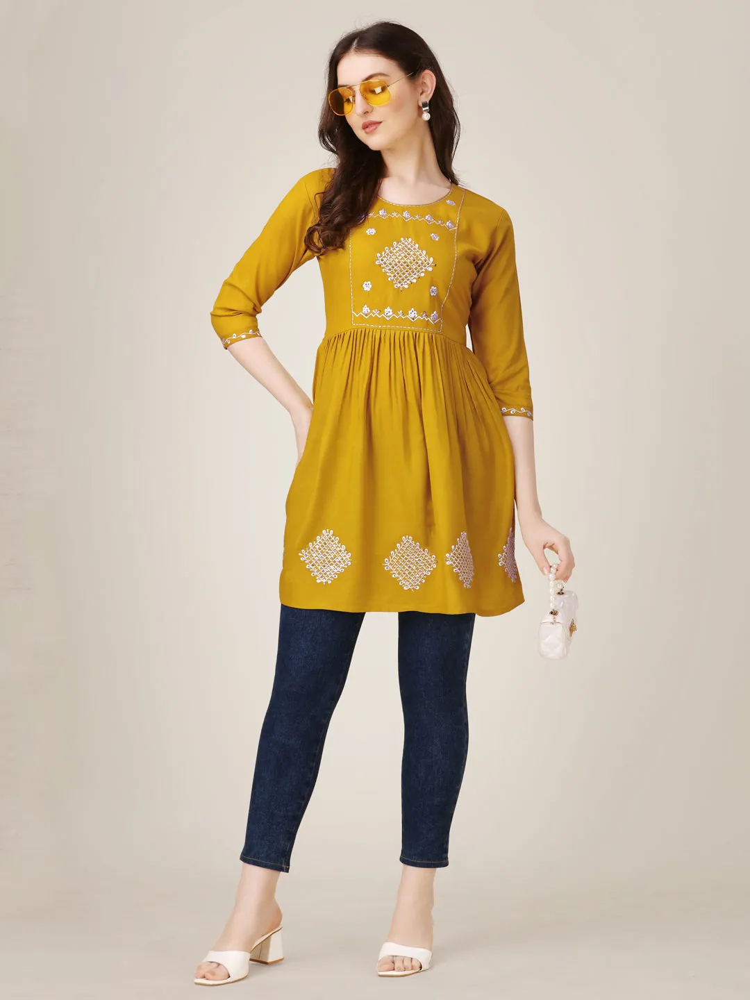 Mustard Heavy Rayon with Embroidery & Sequence Work Western Top Kurti
