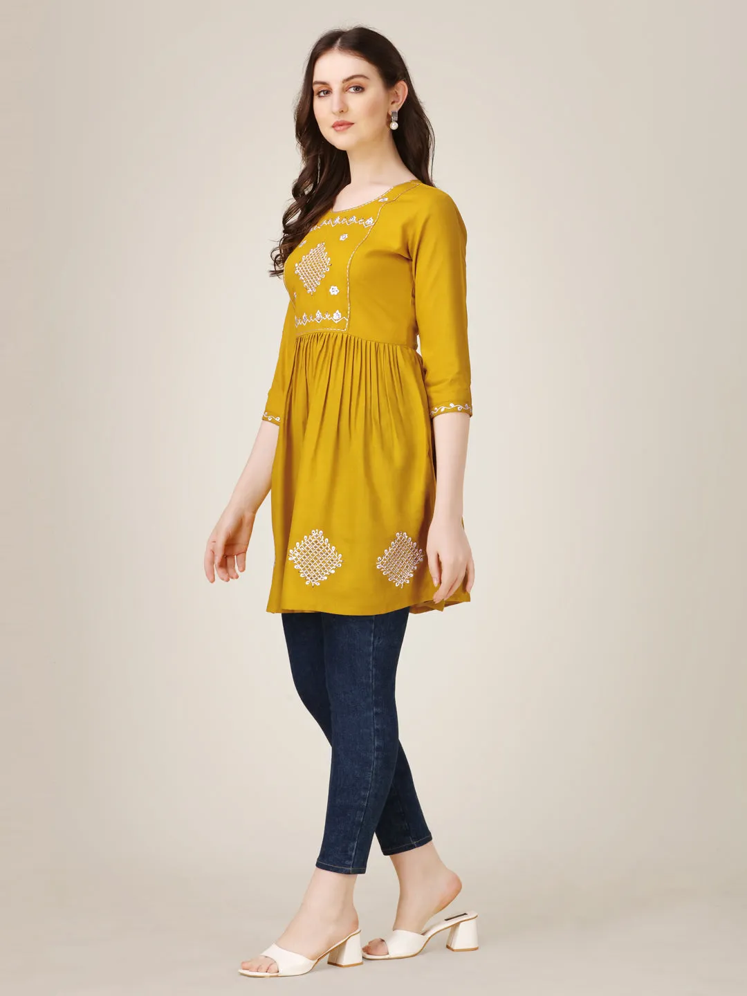 Mustard Heavy Rayon with Embroidery & Sequence Work Western Top Kurti