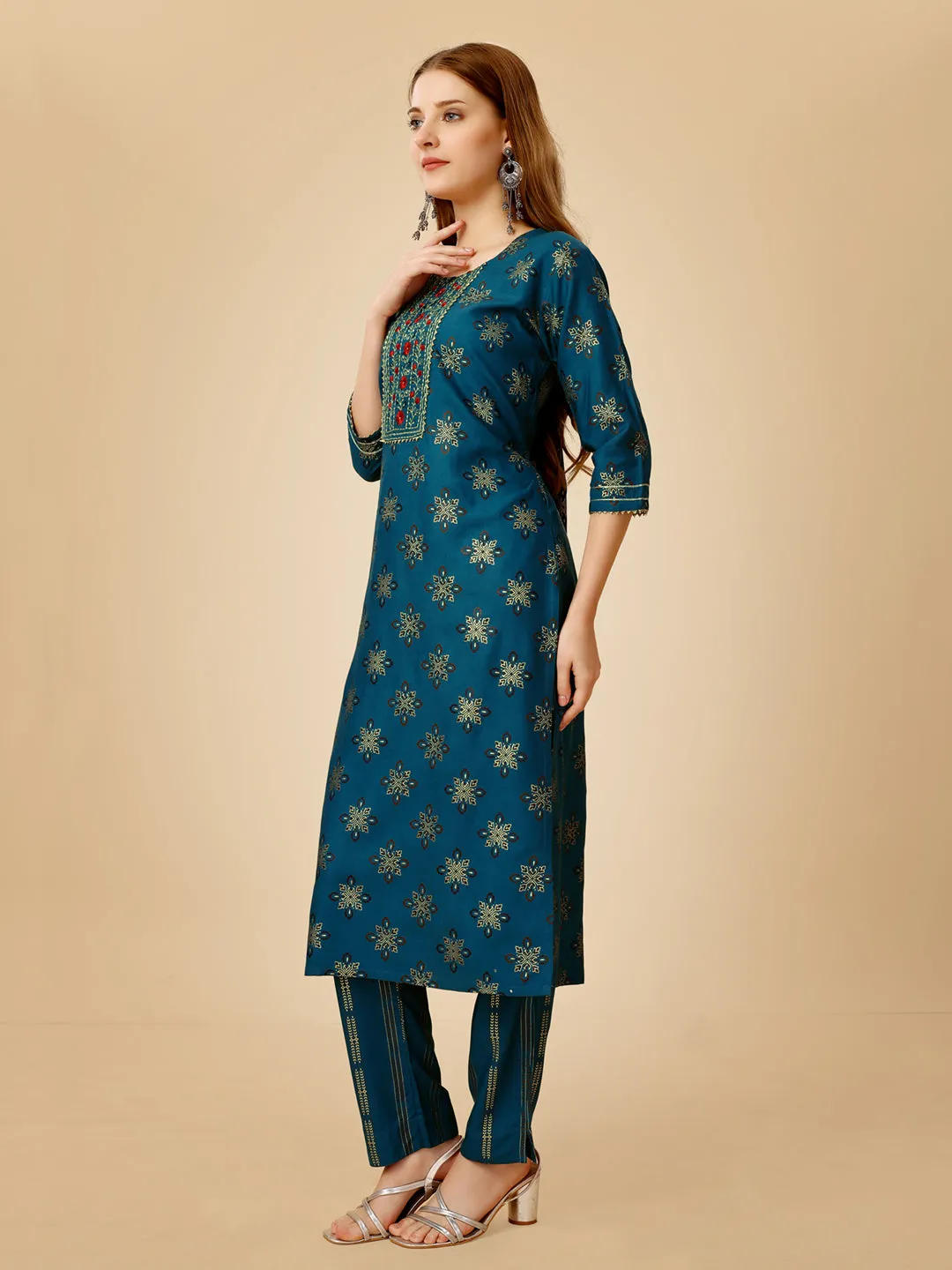 Navy Blue Heavy Rayon Cotton with Embroidery Work Kurti Set