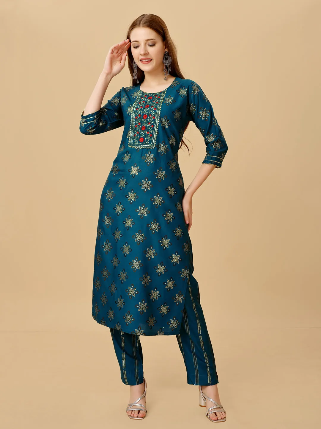 Navy Blue Heavy Rayon Cotton with Embroidery Work Kurti Set
