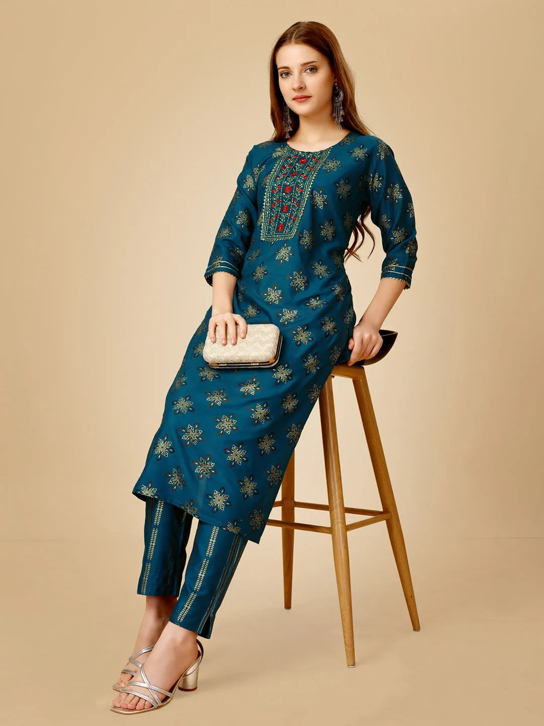 Navy Blue Heavy Rayon Cotton with Embroidery Work Kurti Set