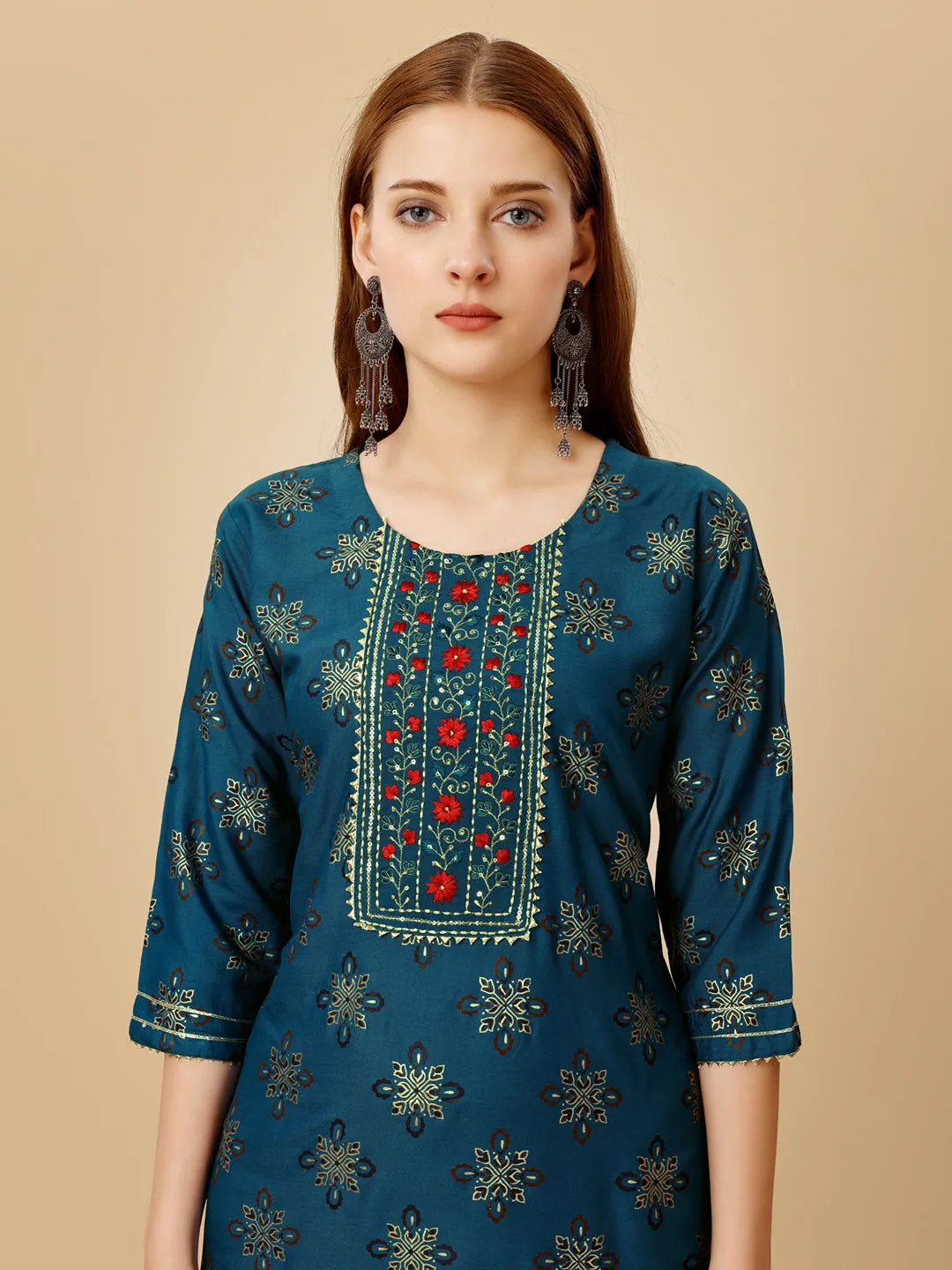 Navy Blue Heavy Rayon Cotton with Embroidery Work Kurti Set