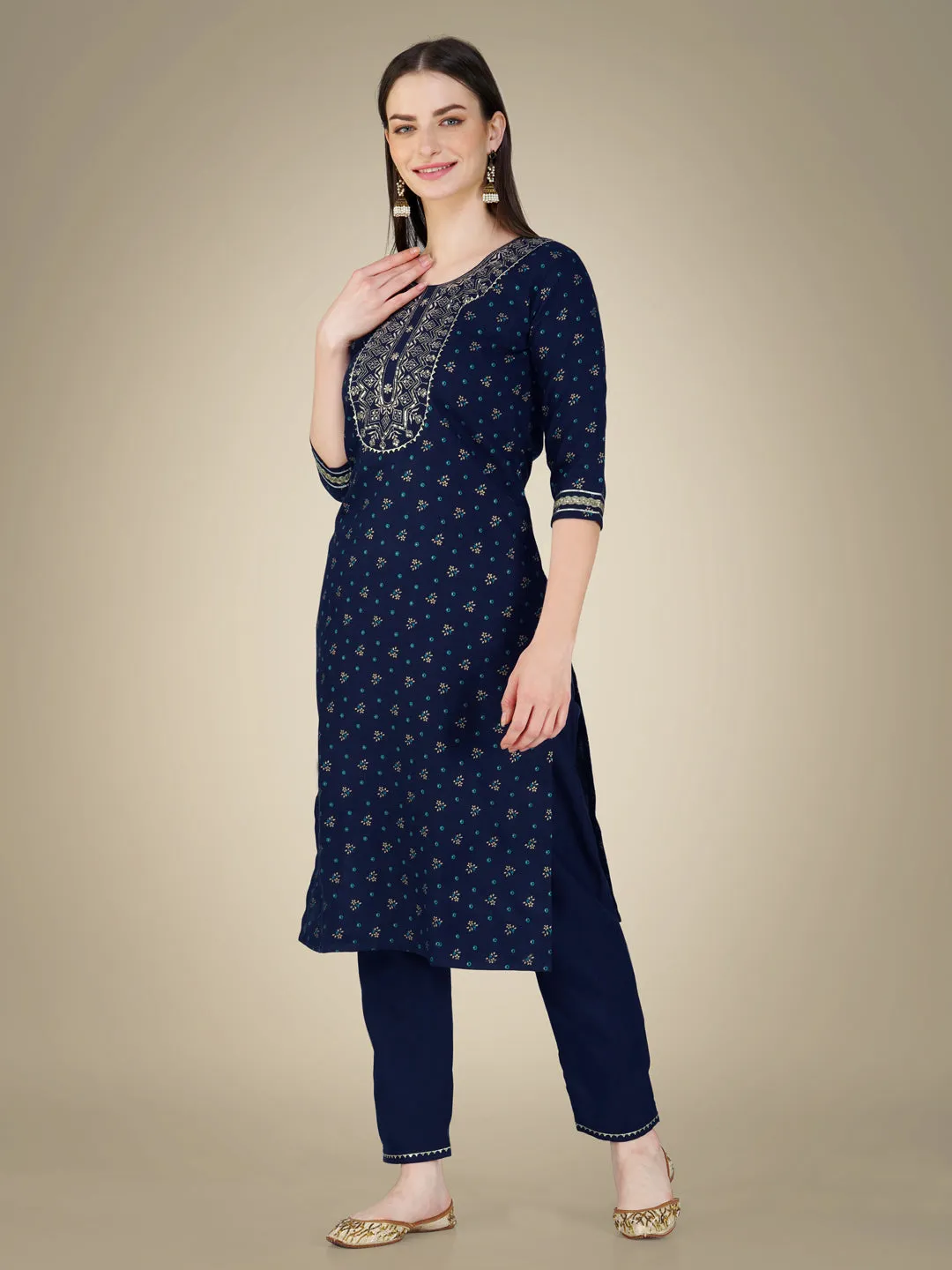 Navy Blue Rayon Print with Embroidery & Sequence Work Kurti Set
