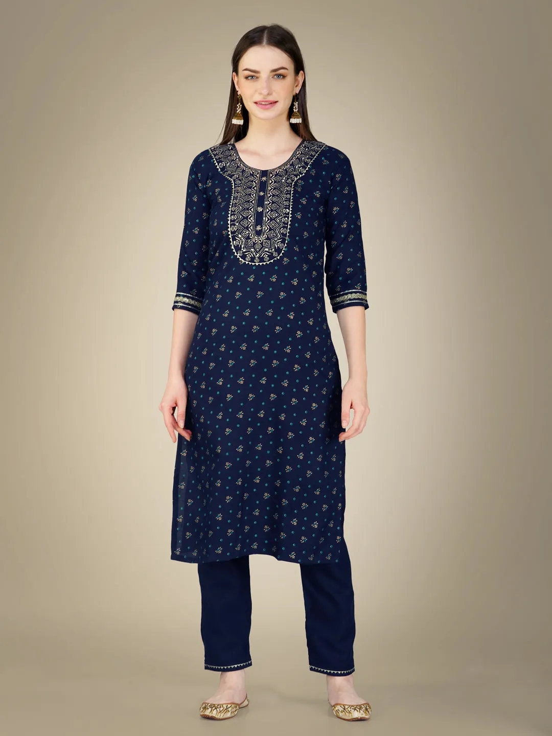 Navy Blue Rayon Print with Embroidery & Sequence Work Kurti Set