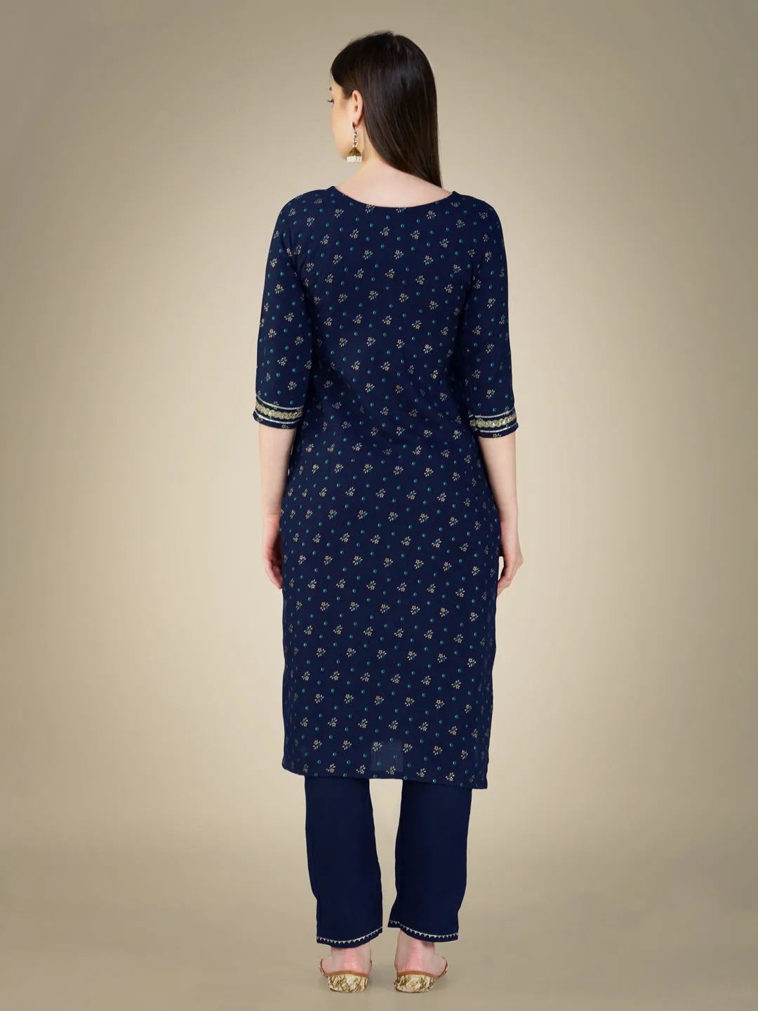 Navy Blue Rayon Print with Embroidery & Sequence Work Kurti Set