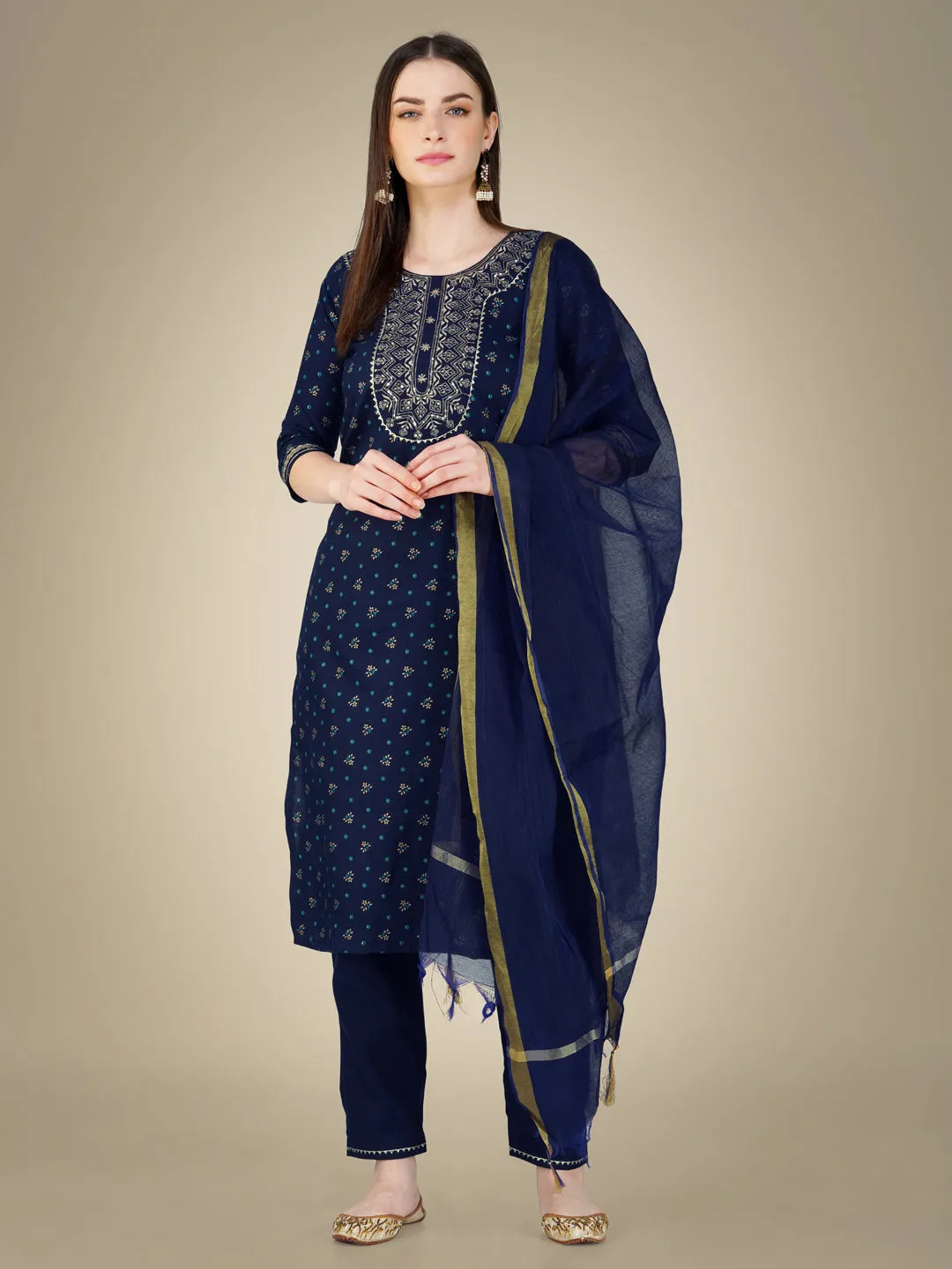 Navy Blue Rayon Print with Embroidery & Sequence Work Kurti Set