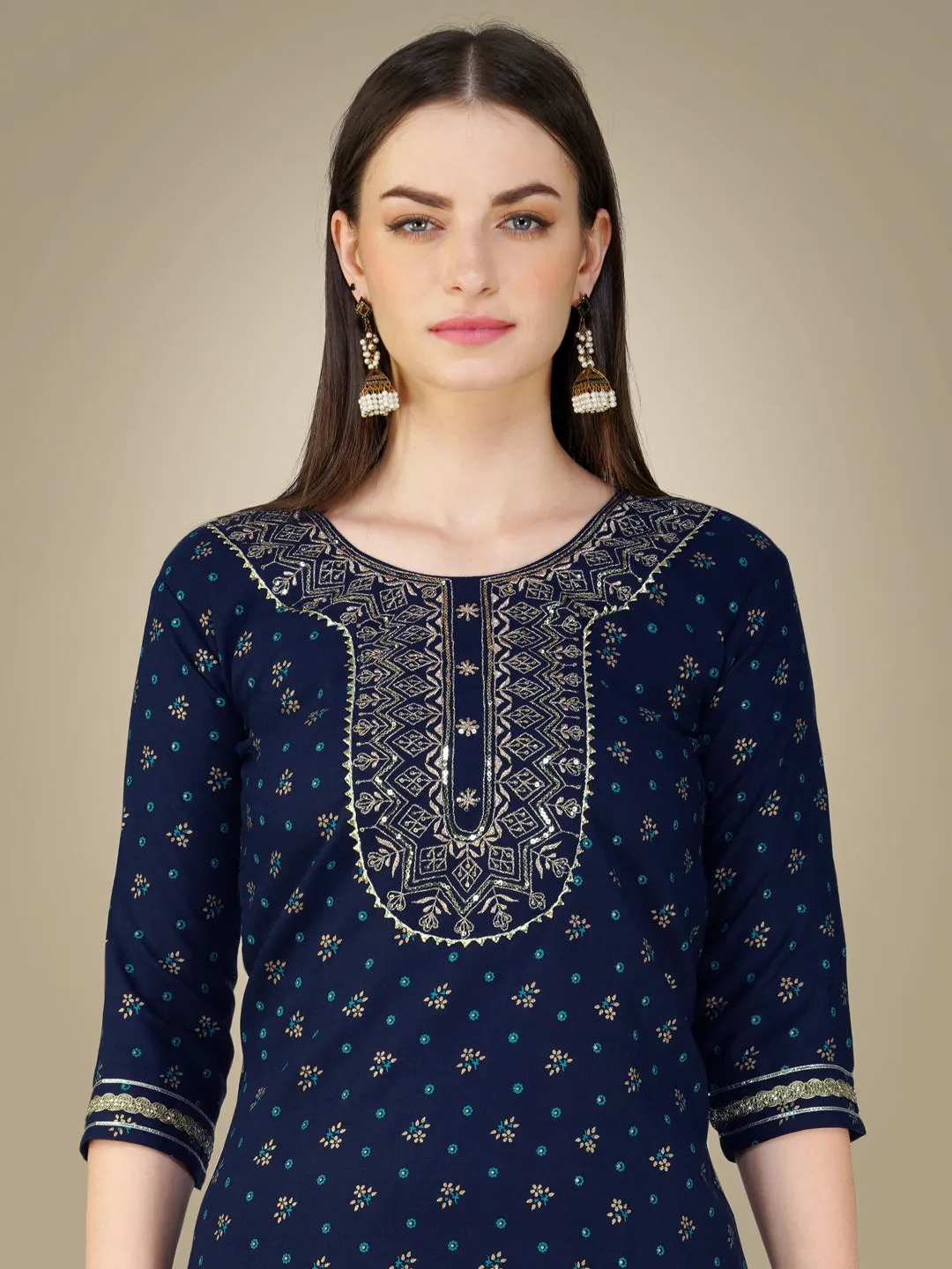 Navy Blue Rayon Print with Embroidery & Sequence Work Kurti Set