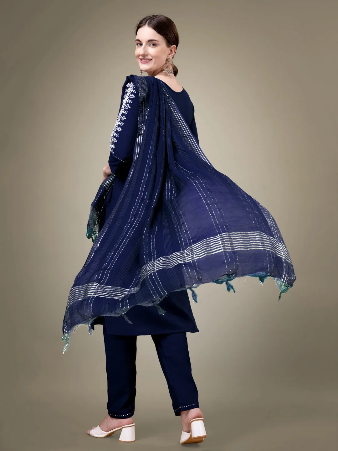 Nevy Blue Rayon Print with Embroidery & Sequence Work Kurti Set