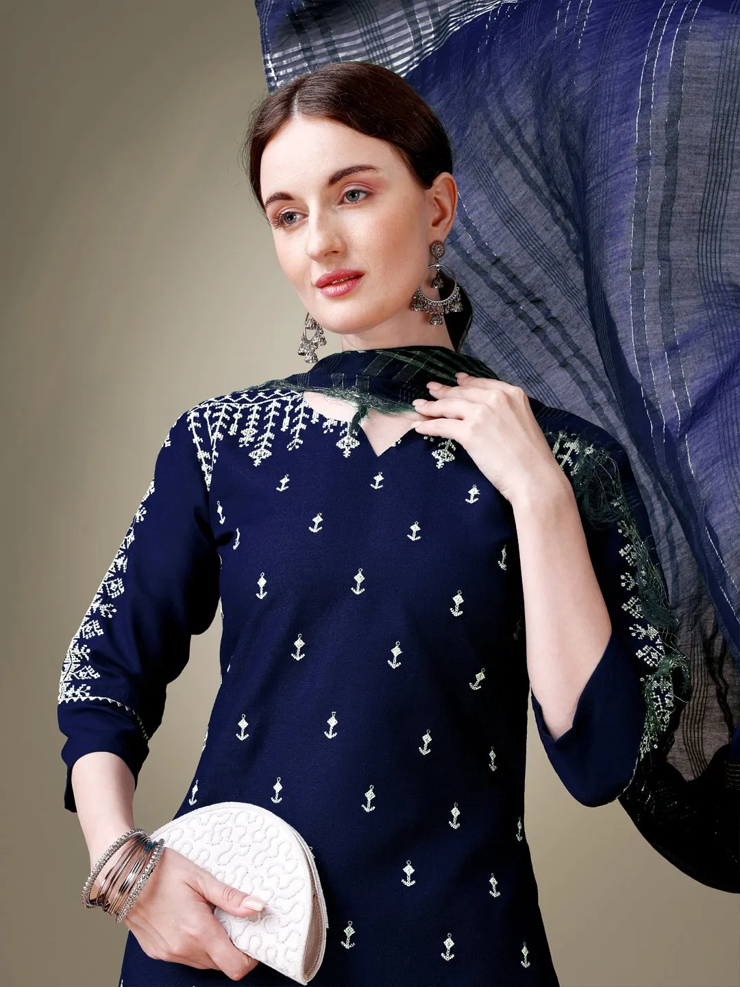 Nevy Blue Rayon Print with Embroidery & Sequence Work Kurti Set