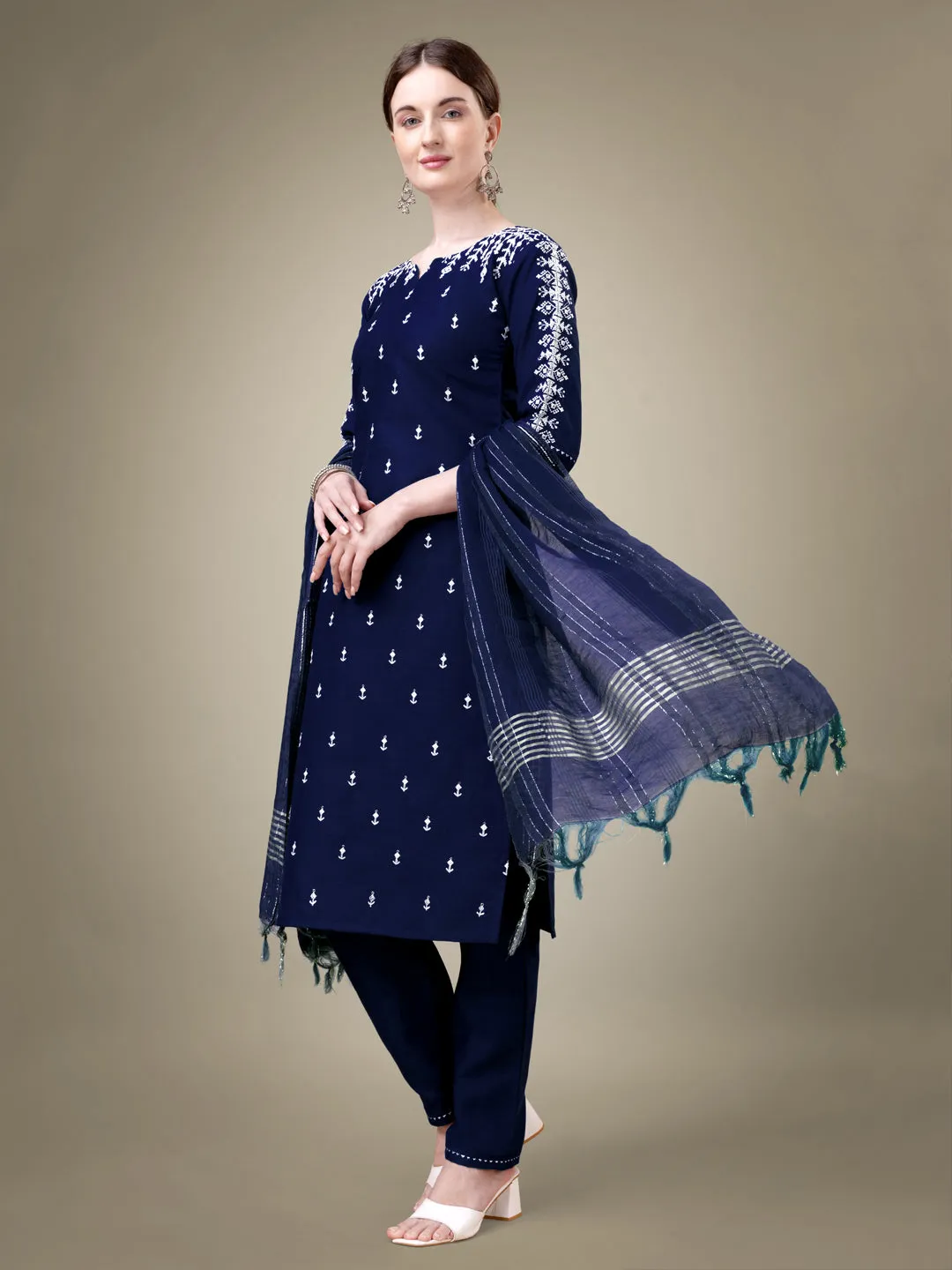 Nevy Blue Rayon Print with Embroidery & Sequence Work Kurti Set