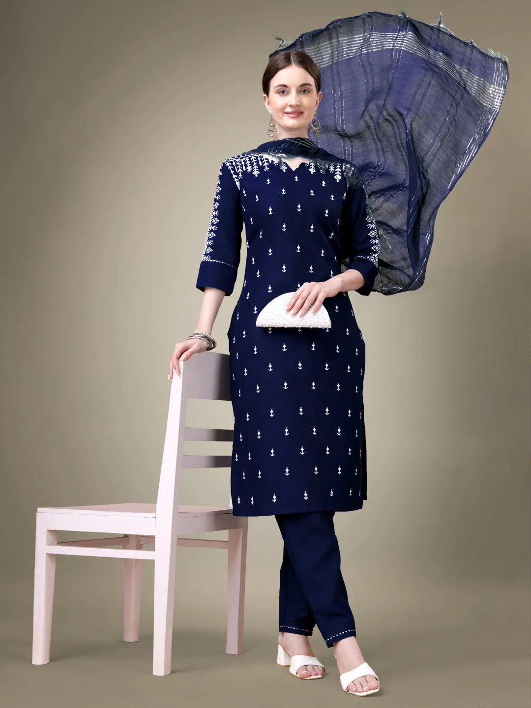 Nevy Blue Rayon Print with Embroidery & Sequence Work Kurti Set