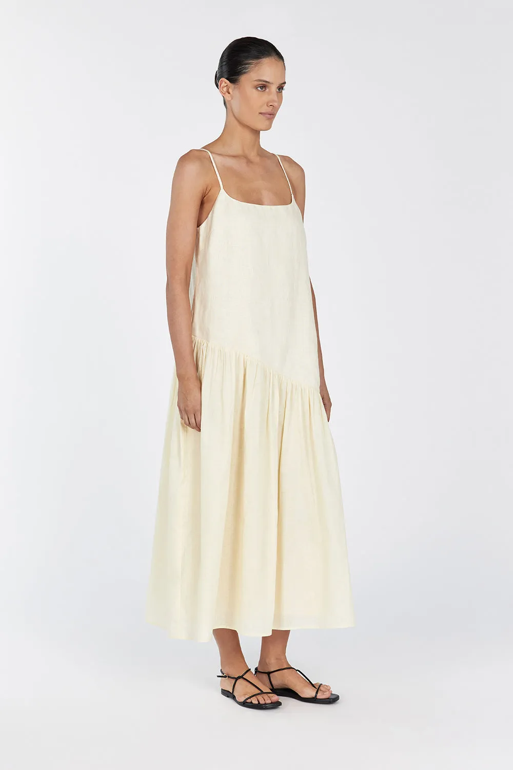 NOAH LEMON LINEN ASYM MIDI DRESS