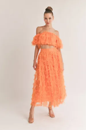 Orange Mesh Shaggy Off Shoulder Top And Midi Skirt Set
