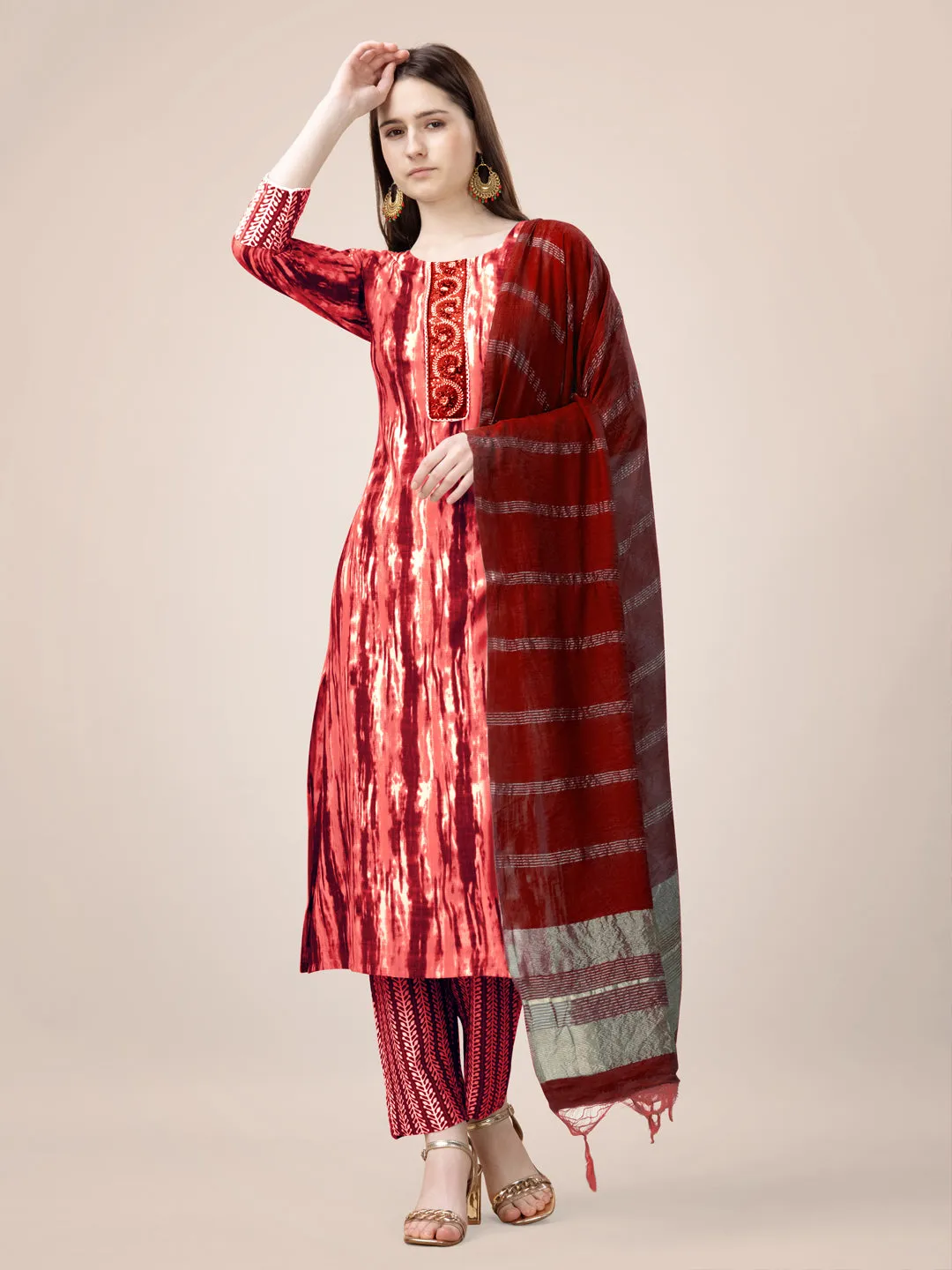 Orange Rayon Print with Embroidery & Sequence Work Kurti Set