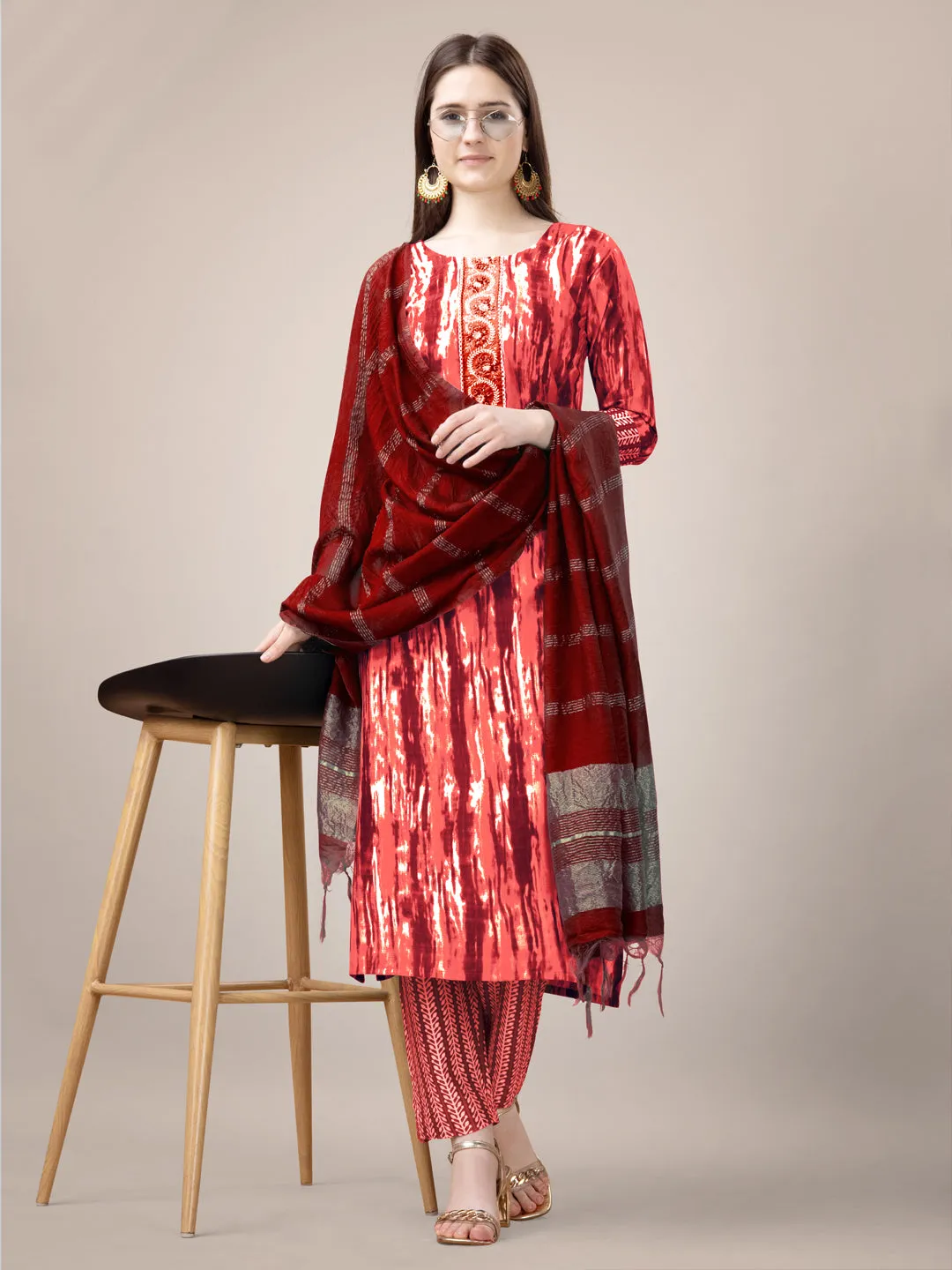 Orange Rayon Print with Embroidery & Sequence Work Kurti Set
