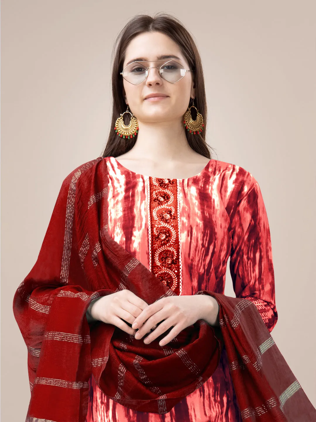 Orange Rayon Print with Embroidery & Sequence Work Kurti Set