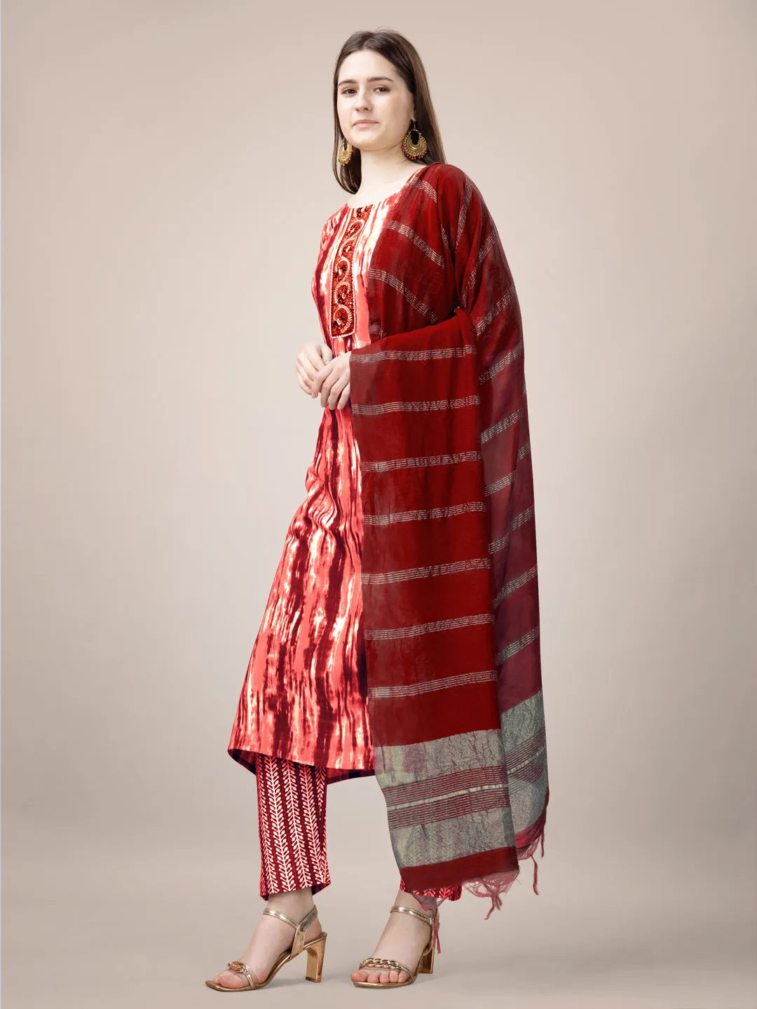 Orange Rayon Print with Embroidery & Sequence Work Kurti Set