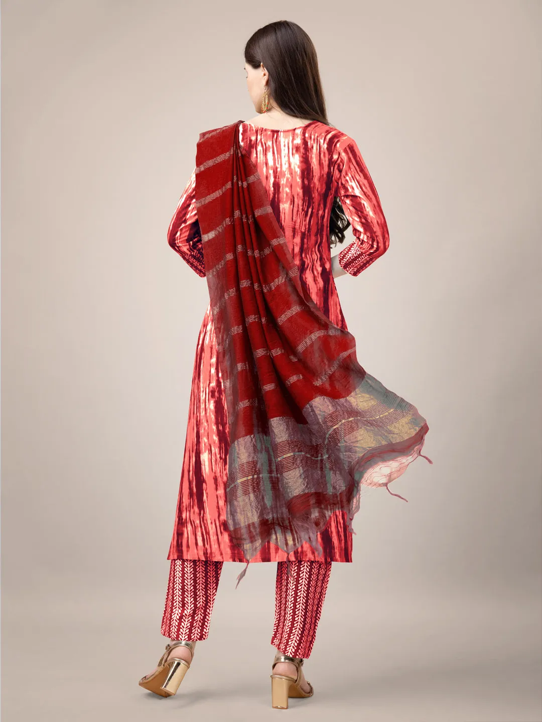 Orange Rayon Print with Embroidery & Sequence Work Kurti Set