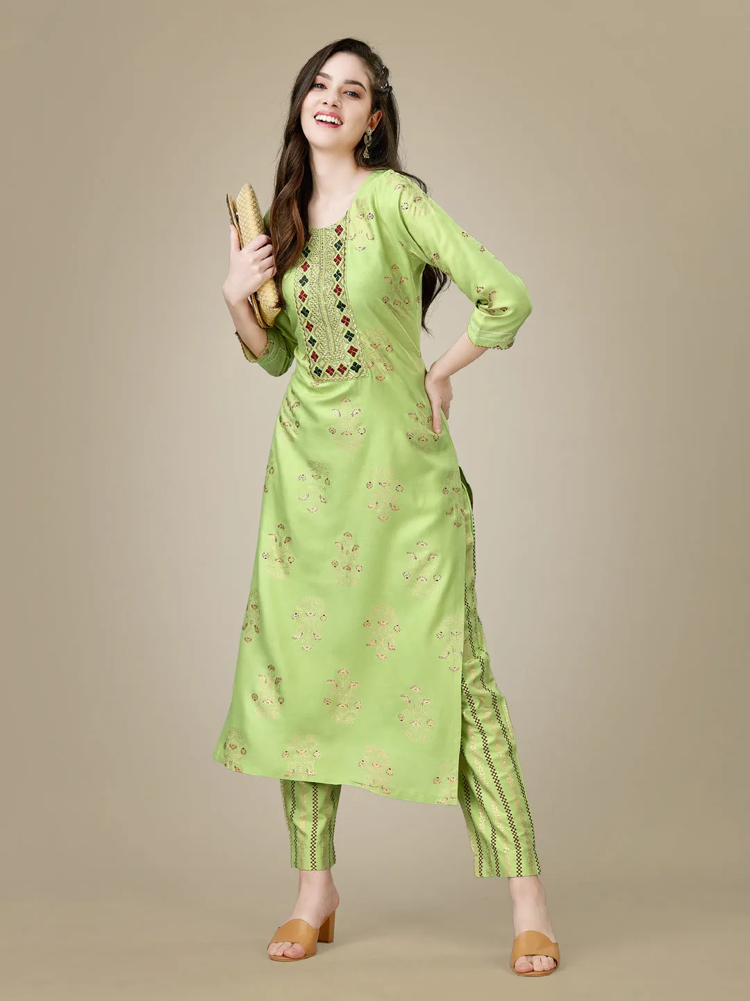 Parrot Heavy Rayon Cotton with Embroidery Work Kurti Set