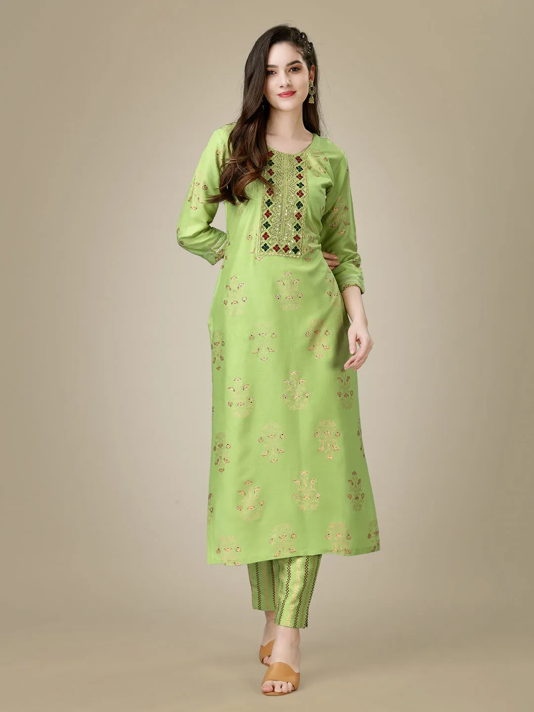 Parrot Heavy Rayon Cotton with Embroidery Work Kurti Set