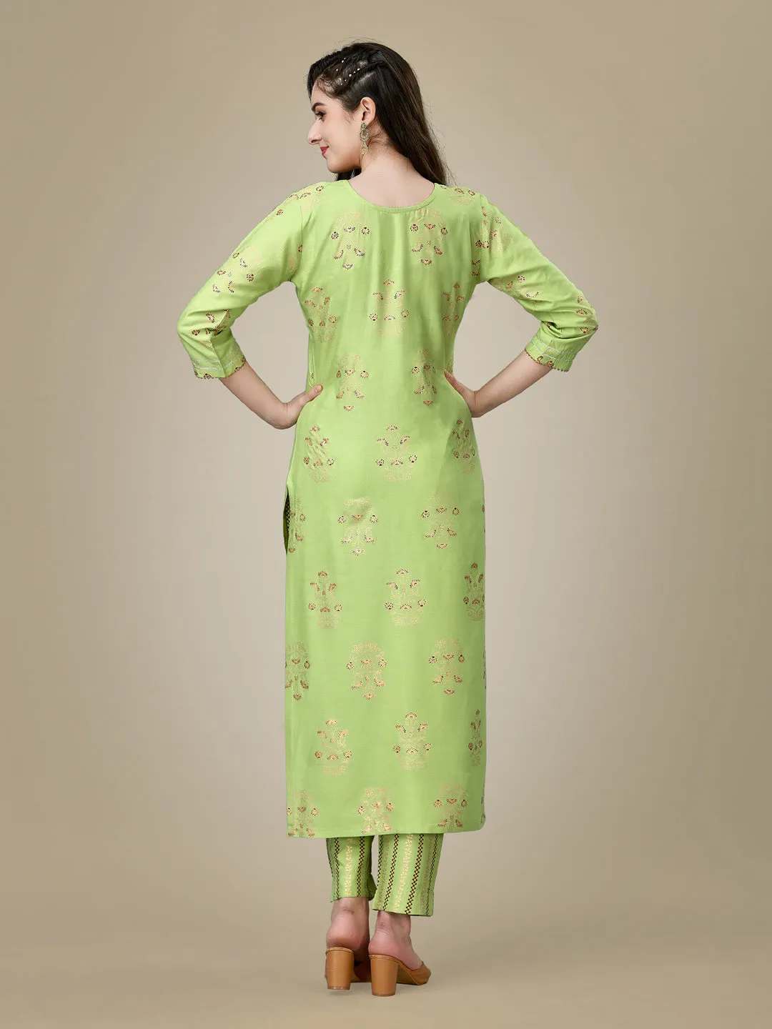 Parrot Heavy Rayon Cotton with Embroidery Work Kurti Set