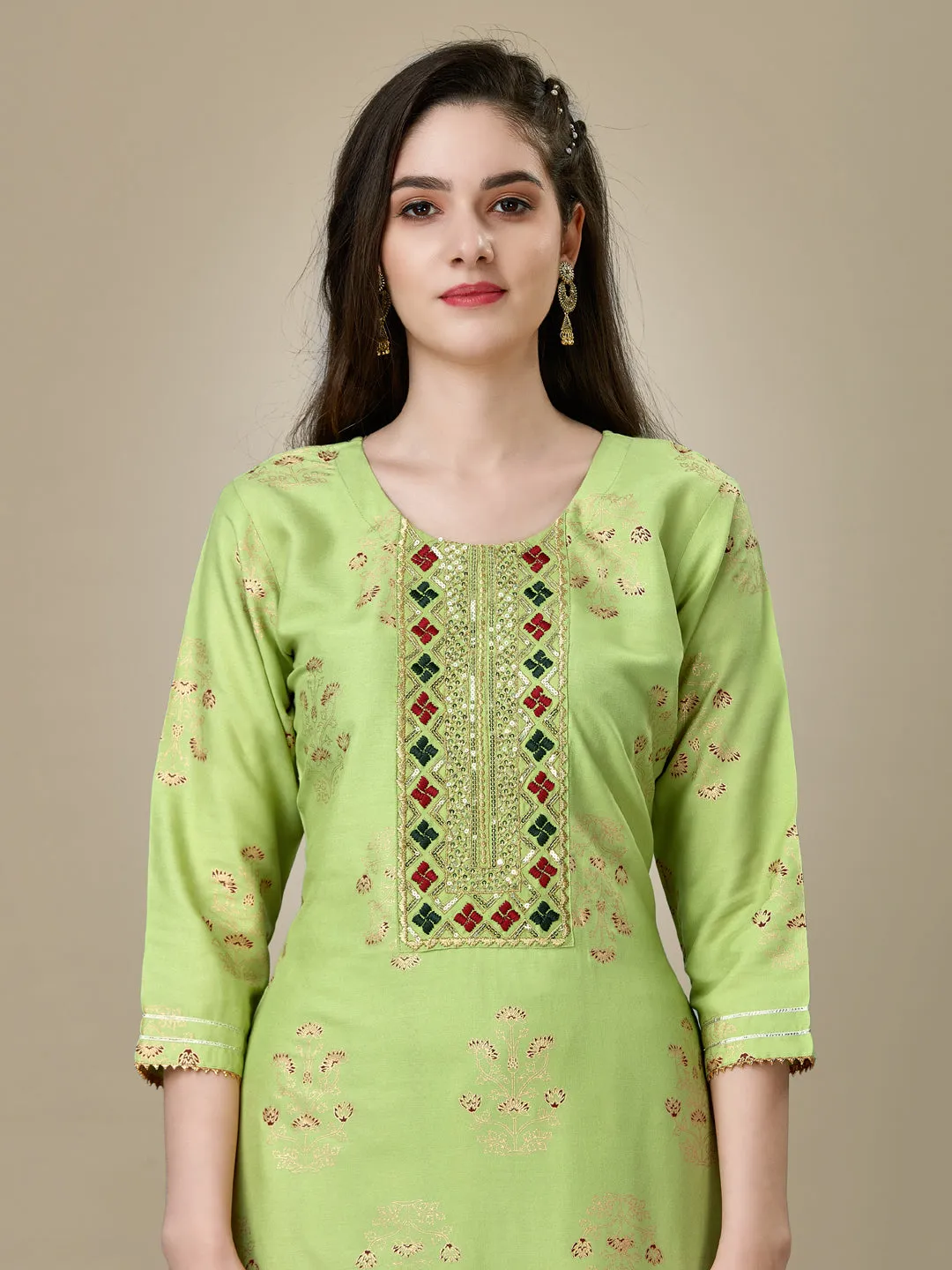 Parrot Heavy Rayon Cotton with Embroidery Work Kurti Set