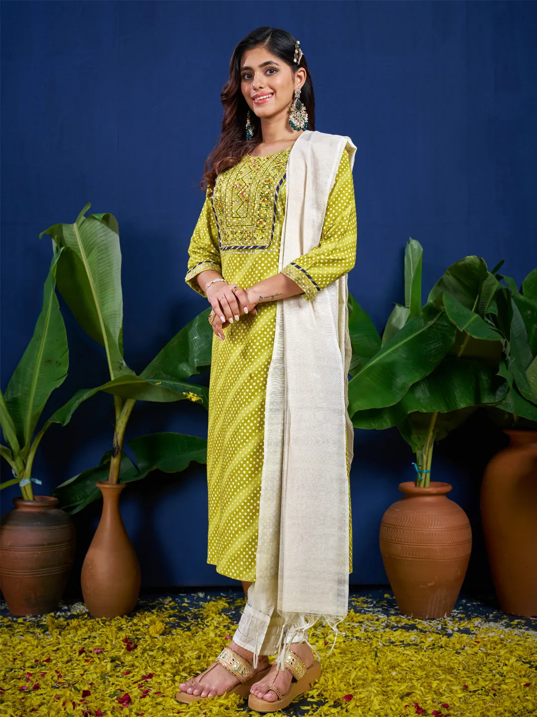 Parrot Rayon Print with Embroidery & Sequence Work Kurti Set