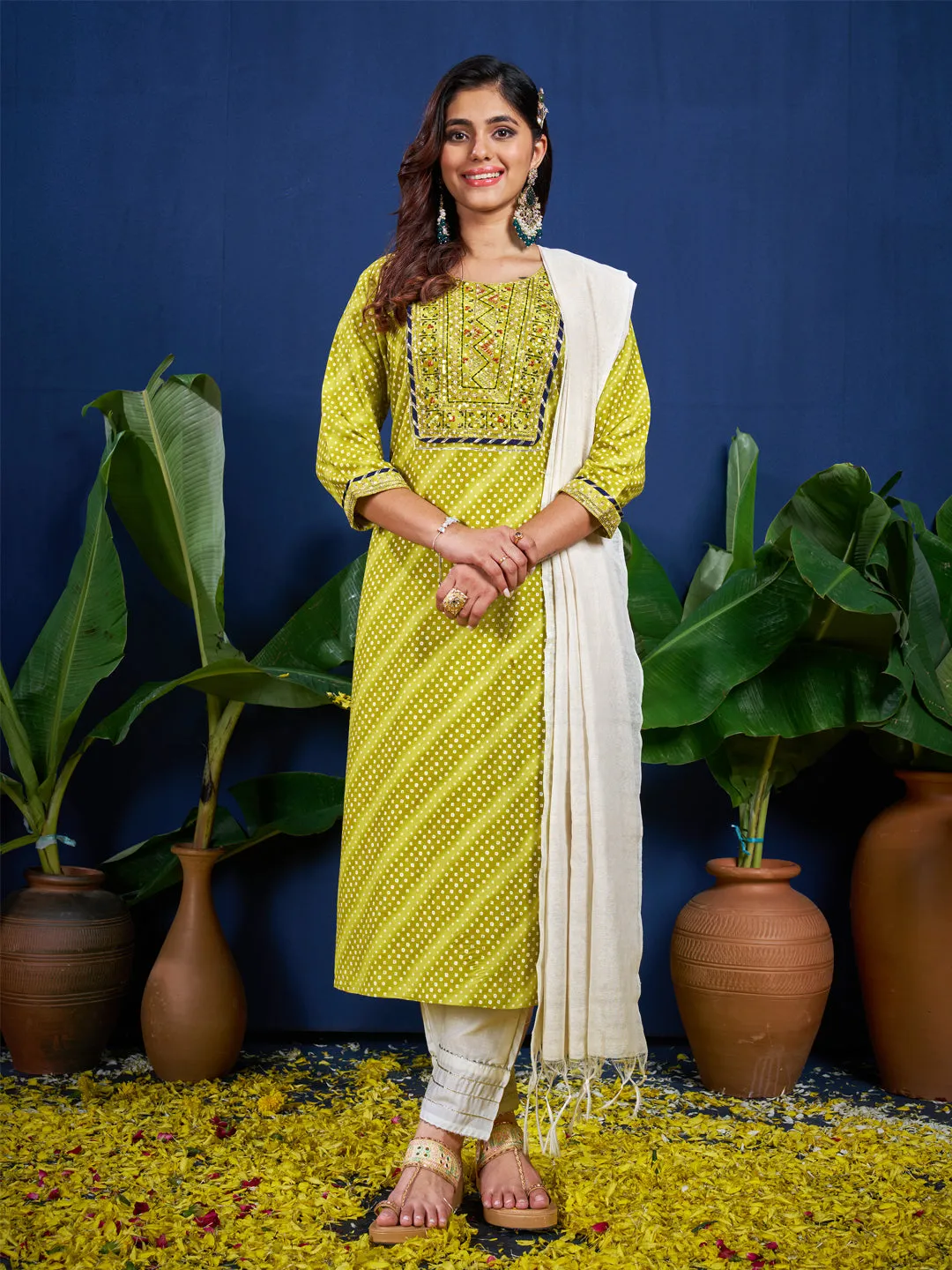 Parrot Rayon Print with Embroidery & Sequence Work Kurti Set