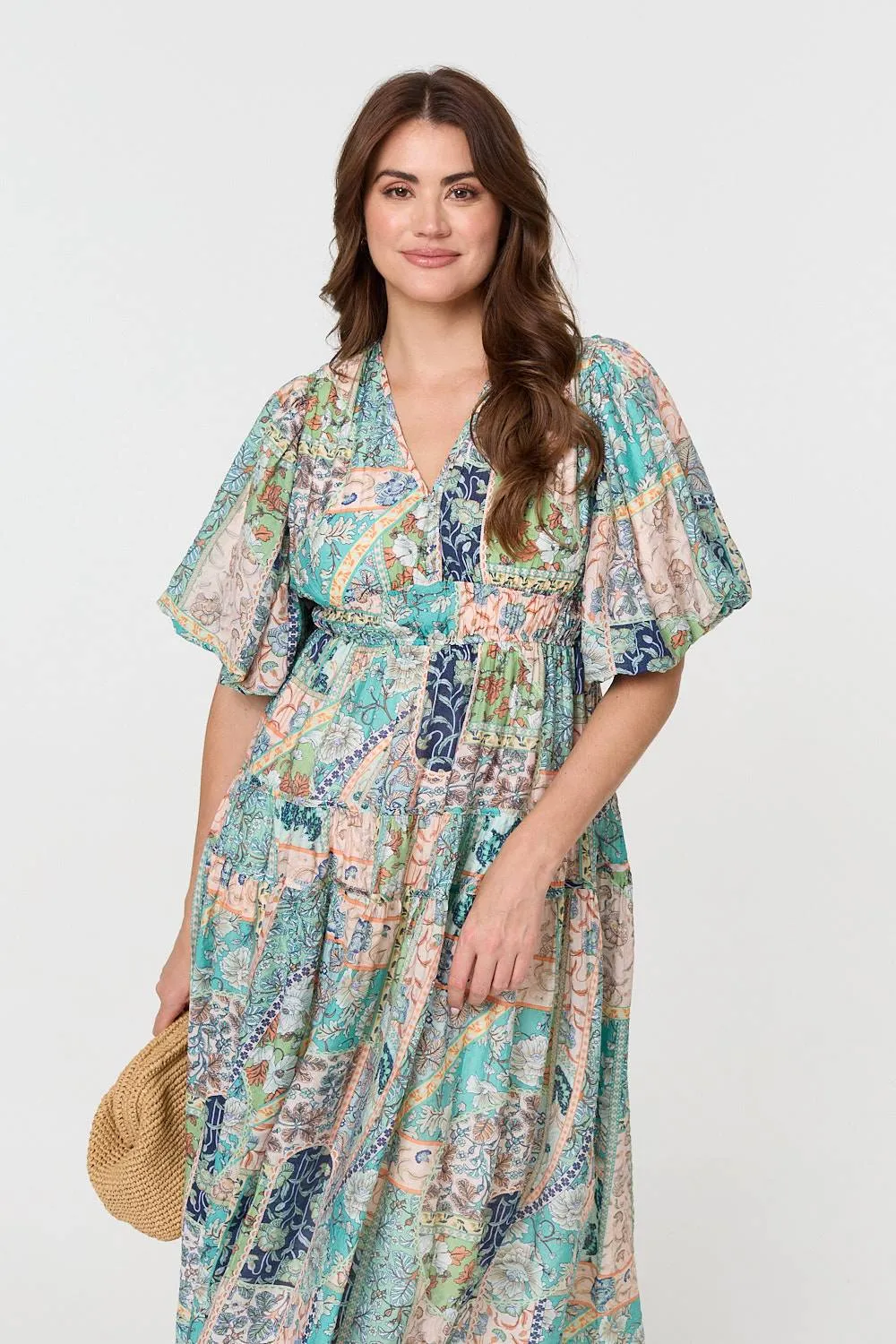 Patchwork Print 1/2 Puff Sleeve Midi Dress