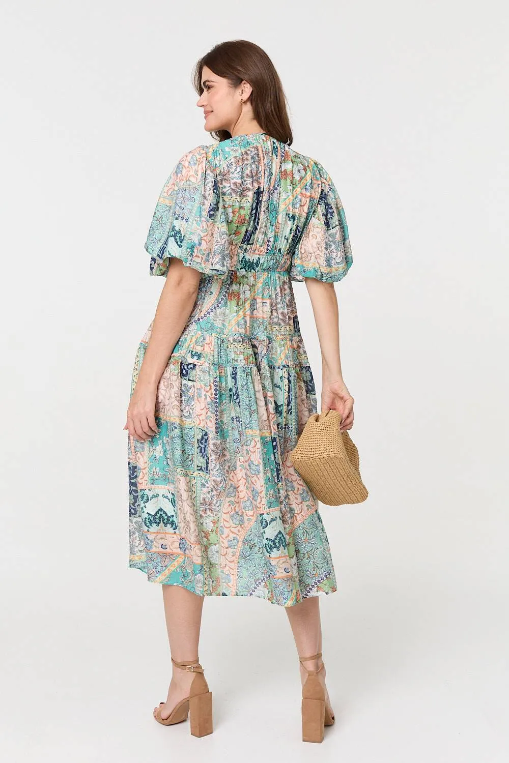 Patchwork Print 1/2 Puff Sleeve Midi Dress