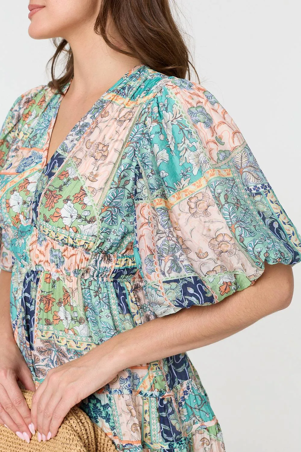 Patchwork Print 1/2 Puff Sleeve Midi Dress
