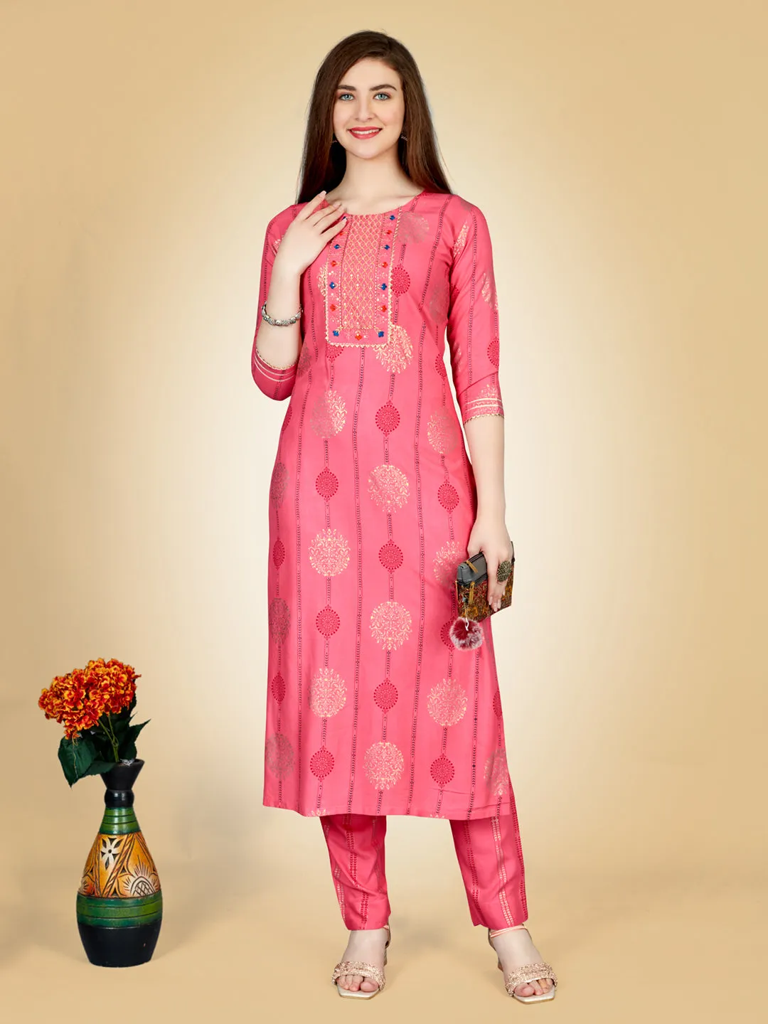 Pink Heavy Rayon Cotton with Embroidery Work Kurti Set