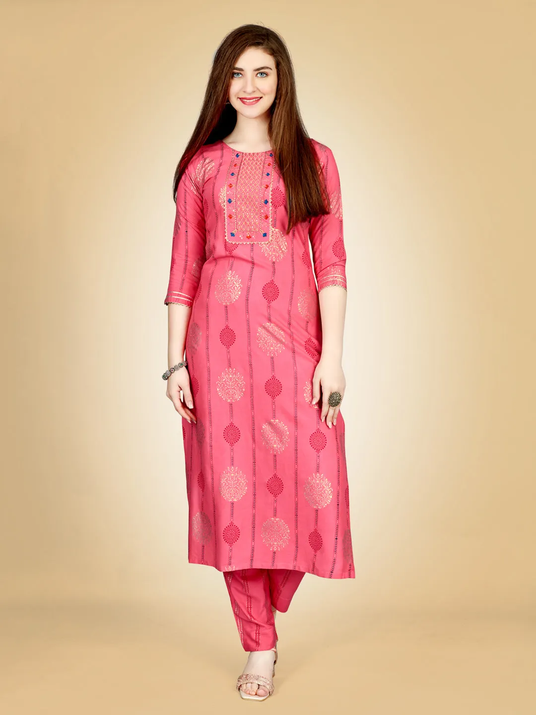 Pink Heavy Rayon Cotton with Embroidery Work Kurti Set