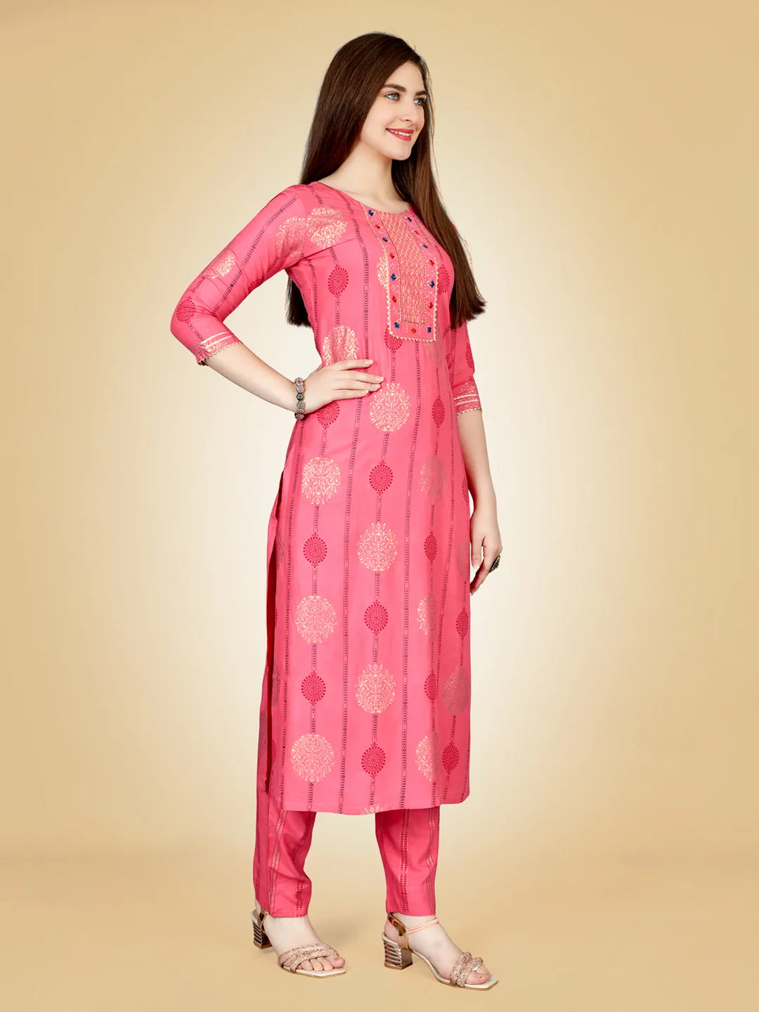 Pink Heavy Rayon Cotton with Embroidery Work Kurti Set