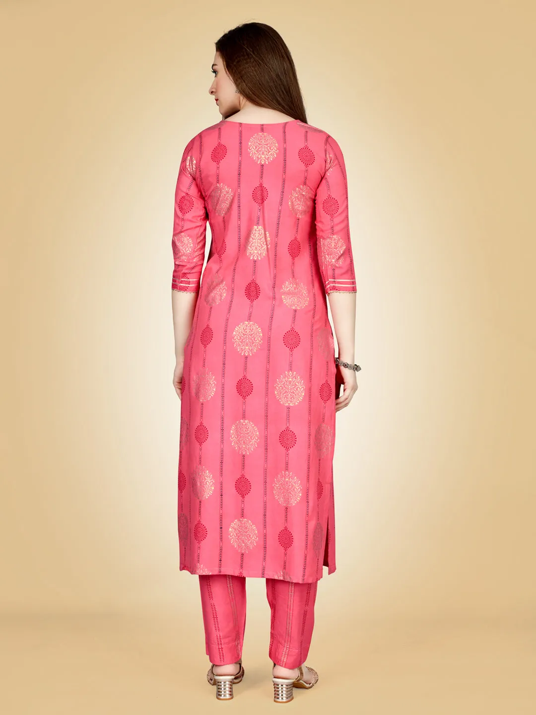Pink Heavy Rayon Cotton with Embroidery Work Kurti Set