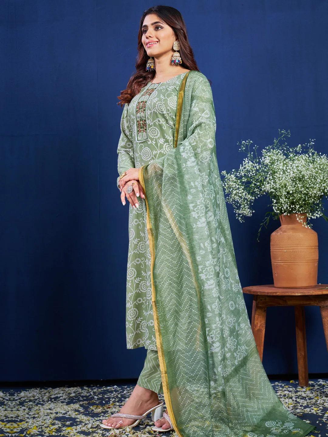 Pista Rayon Print with Embroidery & Fancy Lace Work Kurti Set