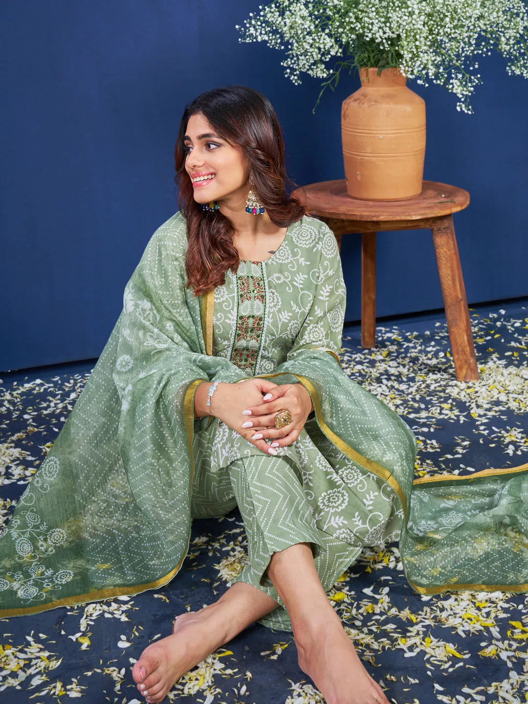 Pista Rayon Print with Embroidery & Fancy Lace Work Kurti Set